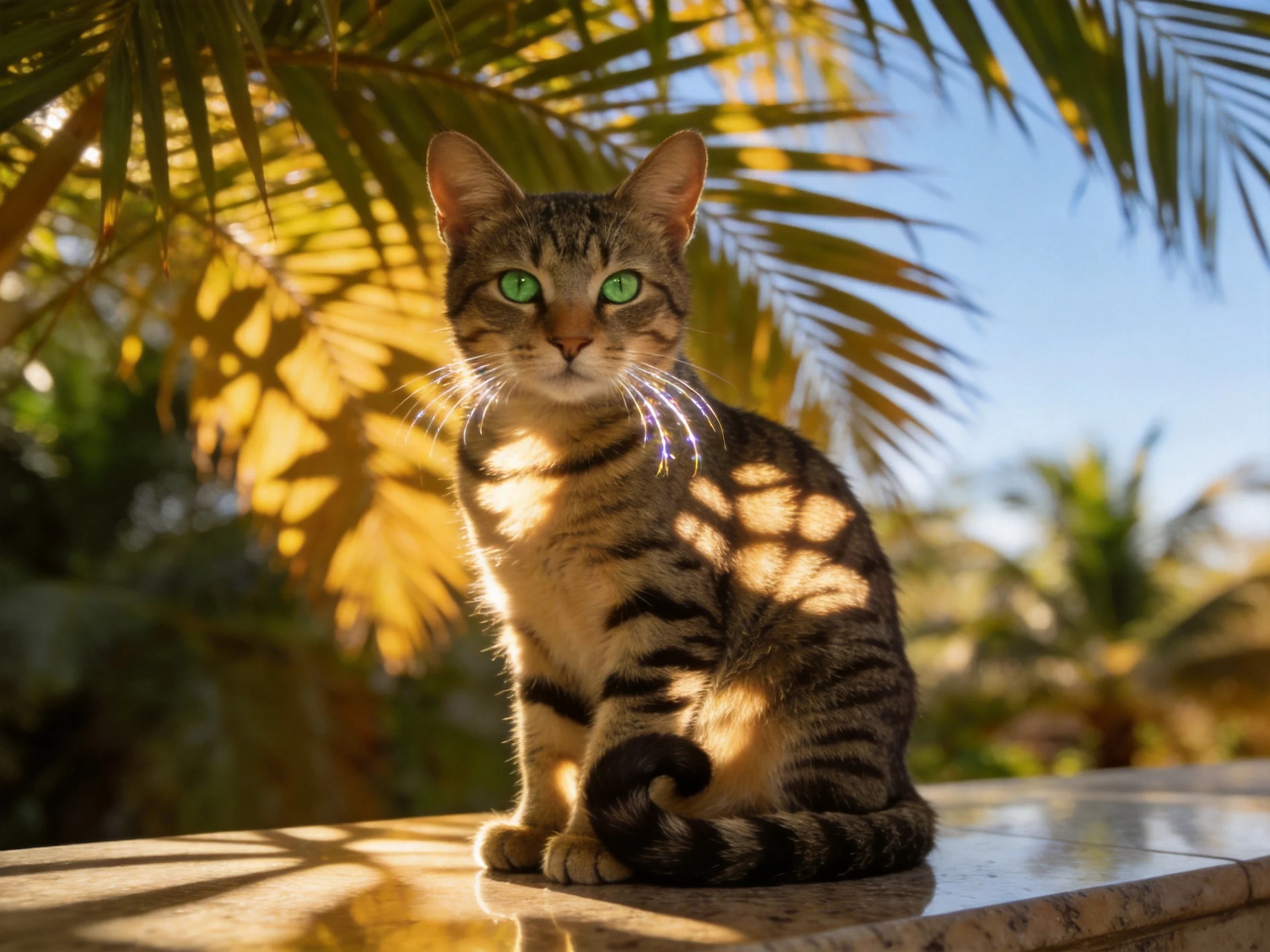 A tabby cat with green eyes sits on a surface among palm trees in sunlight.