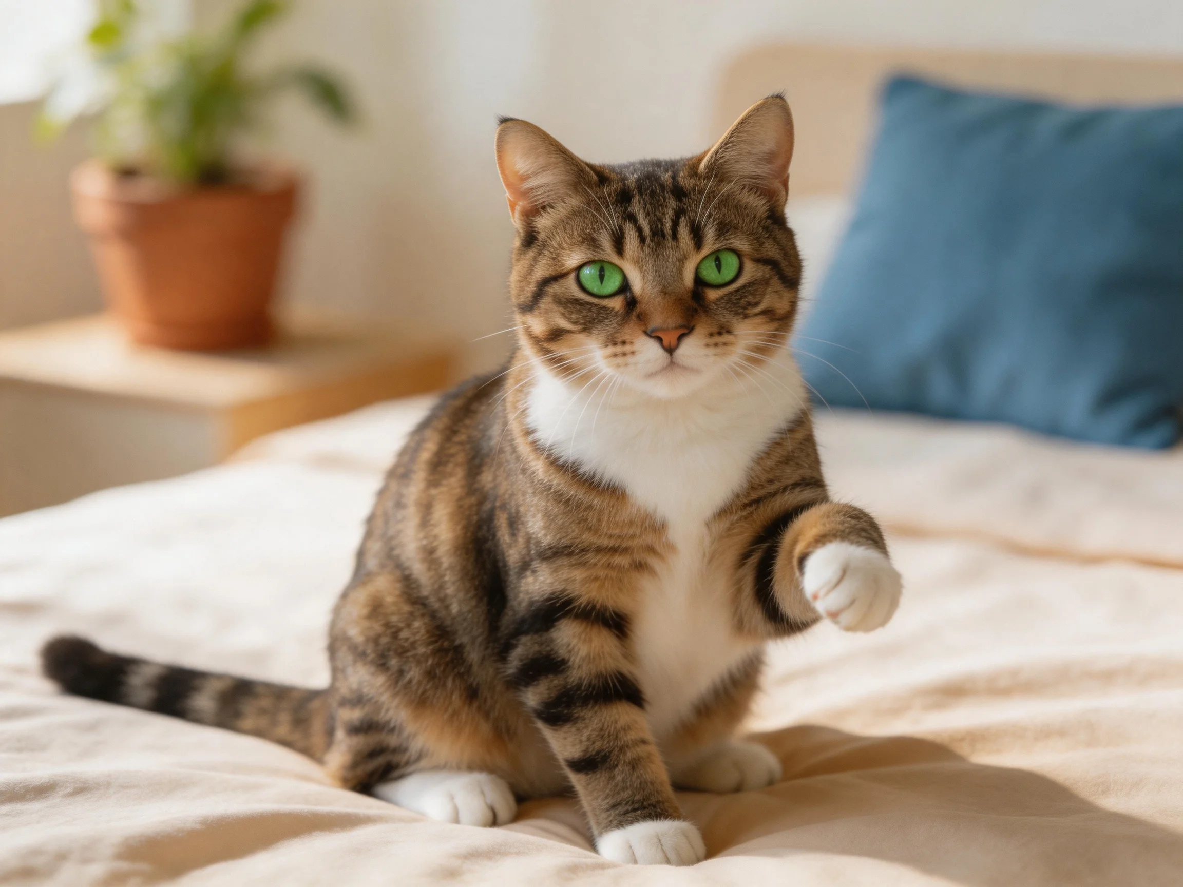 A tabby cat with green eyes sits on a bed in a cozy room.
