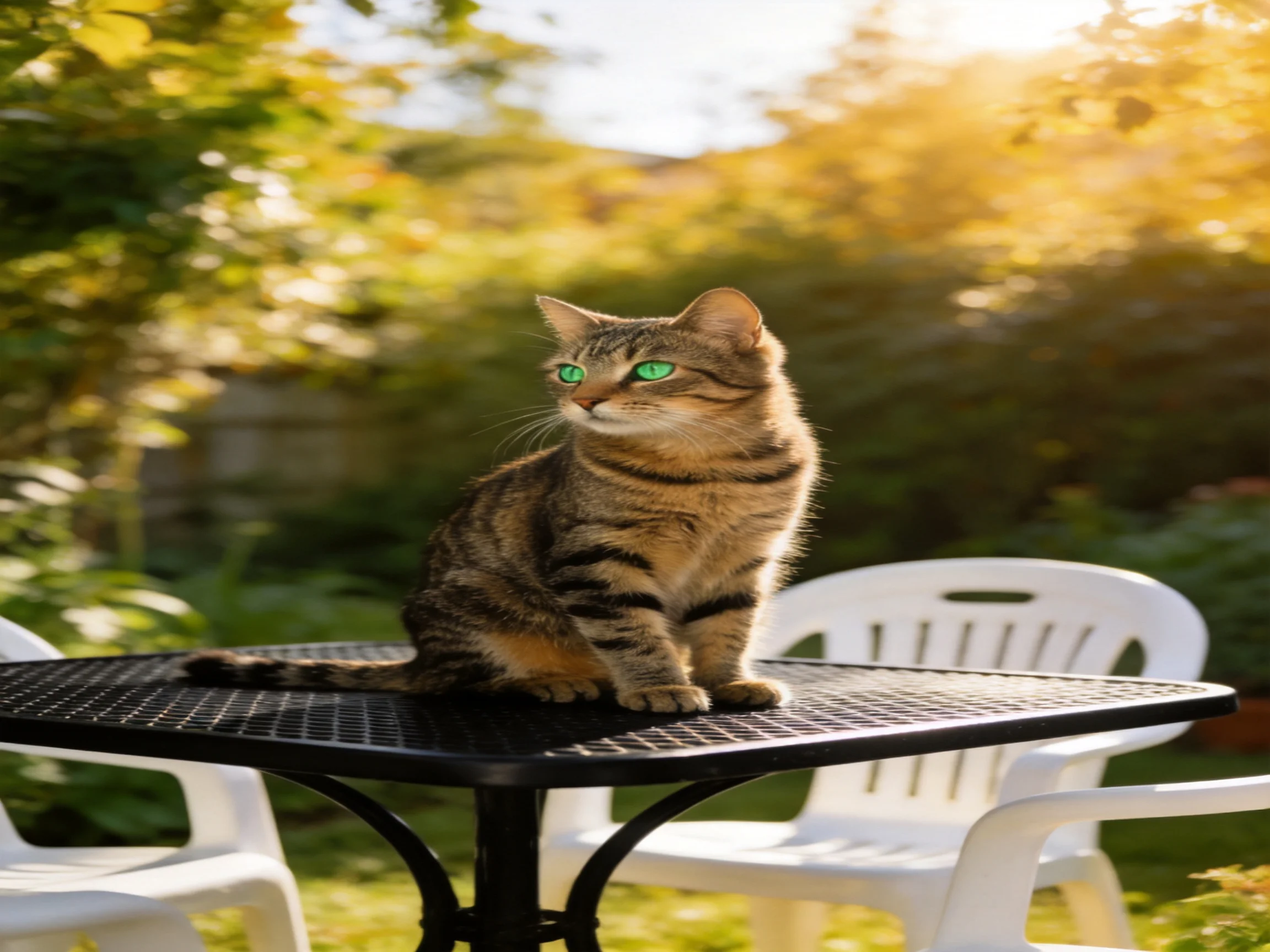 A tabby cat with green eyes rests atop a black patio table in a sunlit garden.