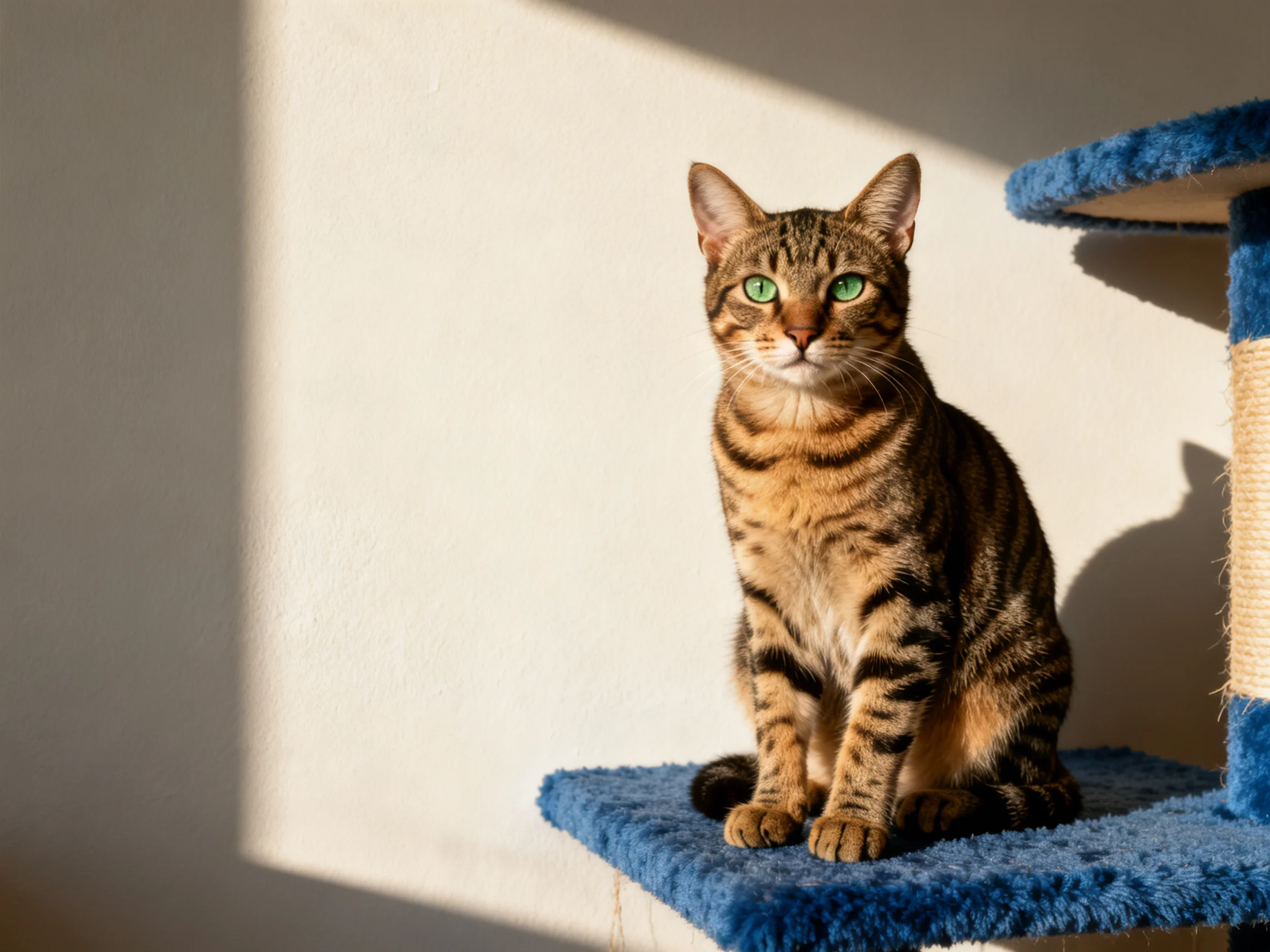 A tabby cat with green eyes sits on a blue platform beside a white wall
