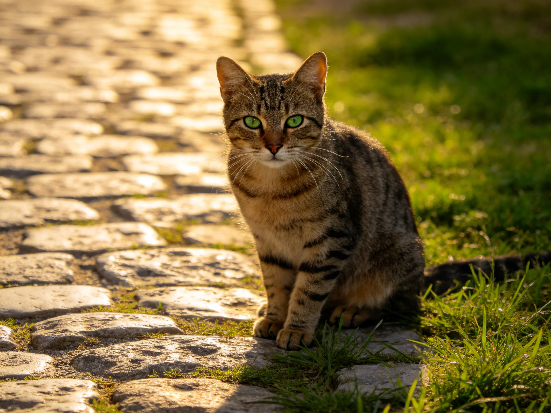 A tabby cat with green eyes sits on a cobblestone path near grass.