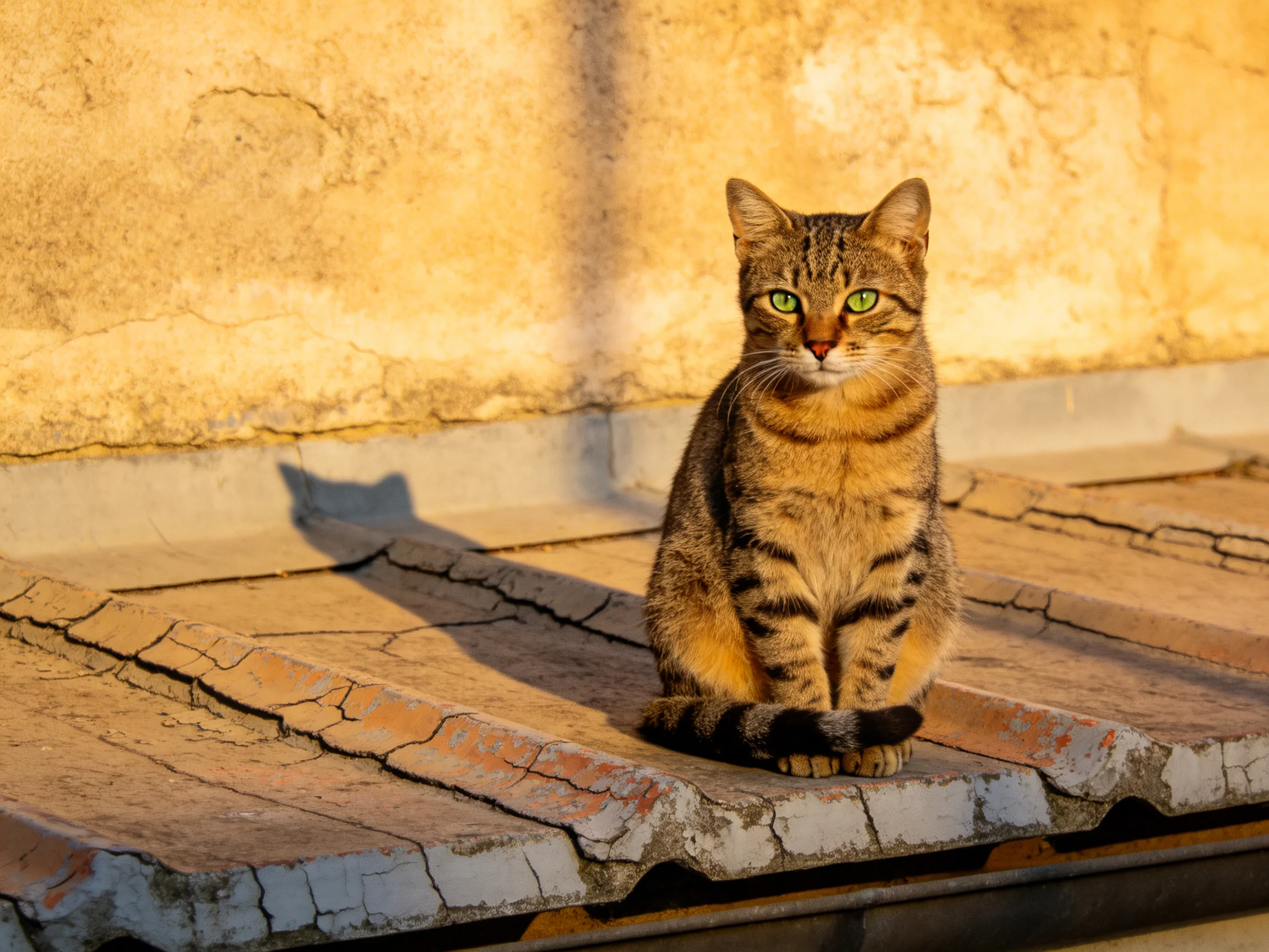 A tabby cat with green eyes sits calmly on an aged rooftop under warm light
