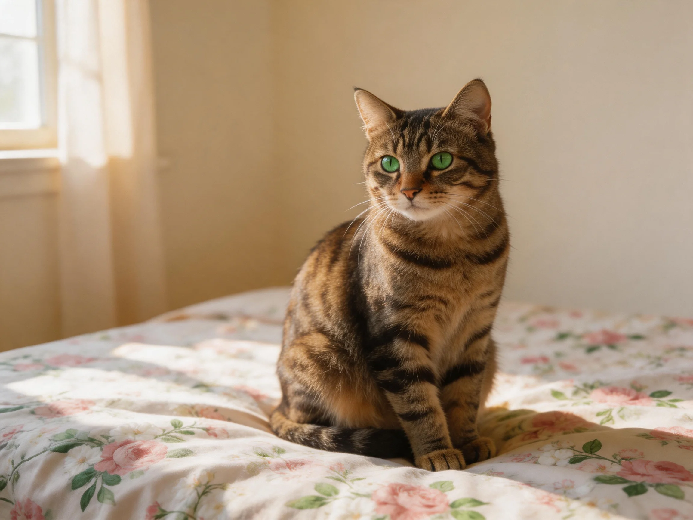A tabby cat with green eyes sits on a floral bed in a sunlit room.