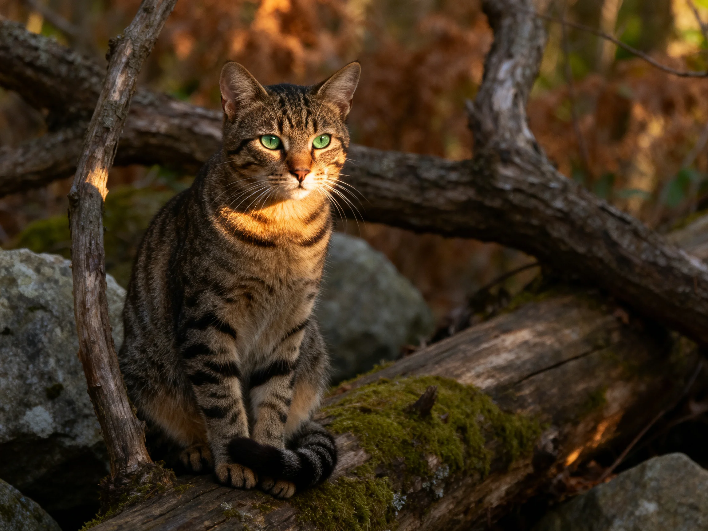 A tabby cat with green eyes rests on a mossy log surrounded by forest elements.