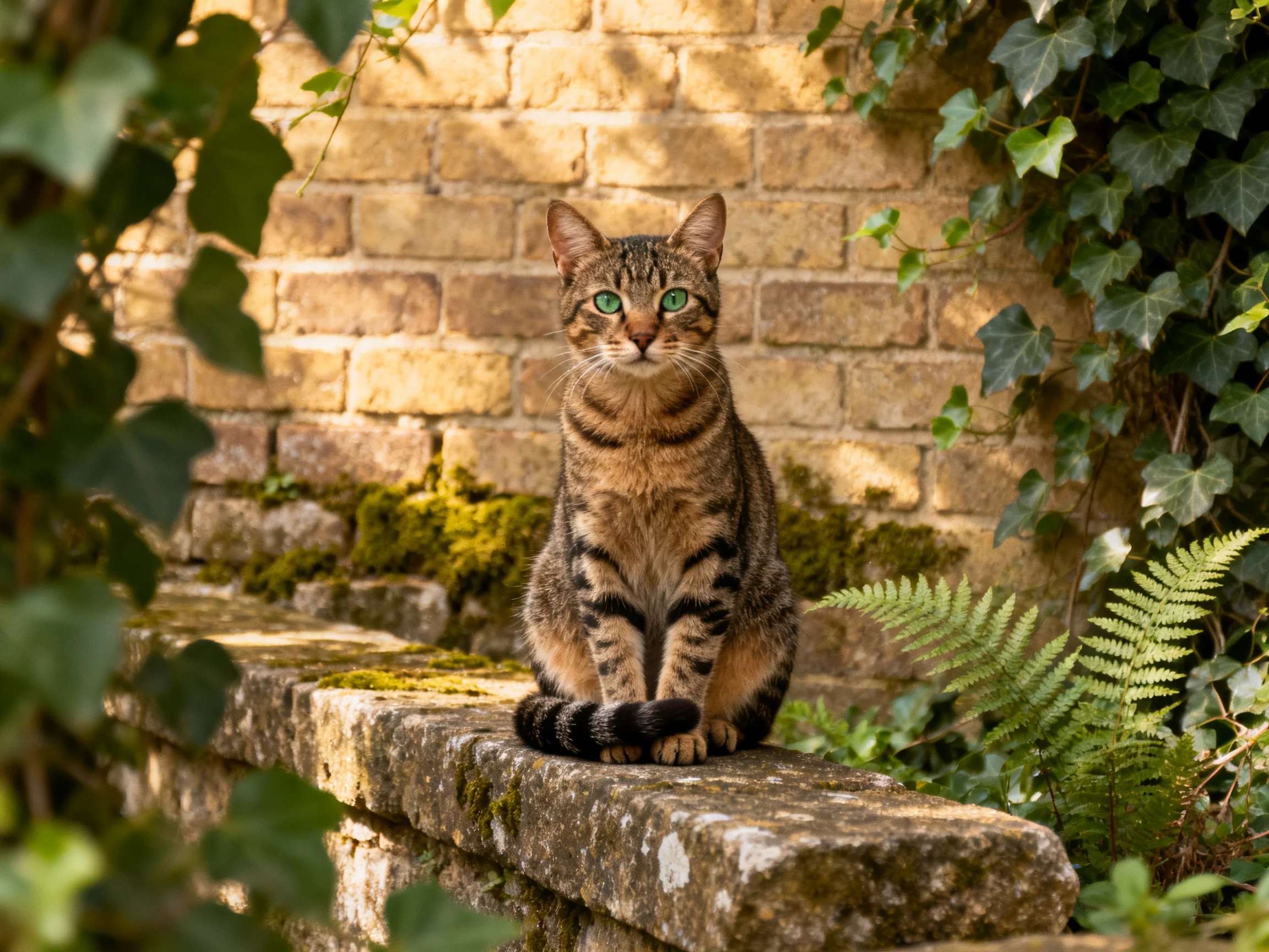A tabby cat with green eyes sits on a mossy stone ledge beside an old brick wall