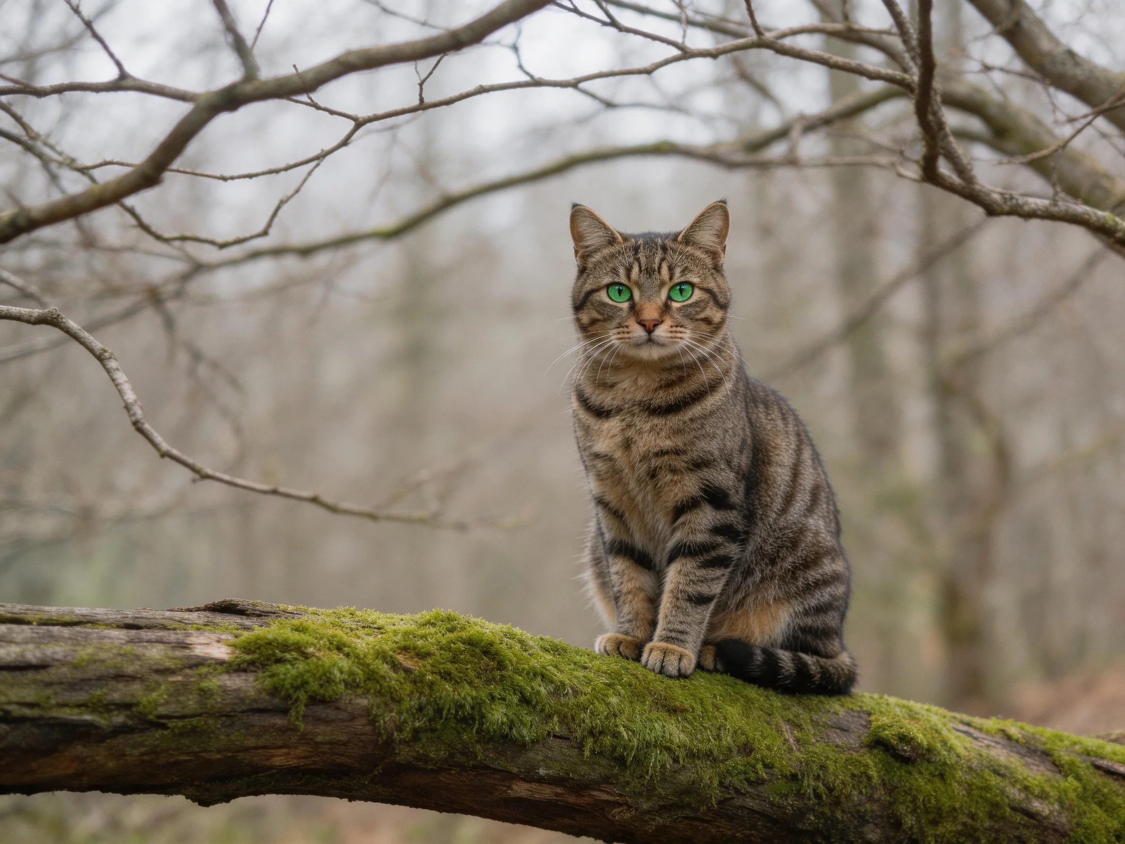 A tabby cat with green eyes sits on a mossy branch in a forest