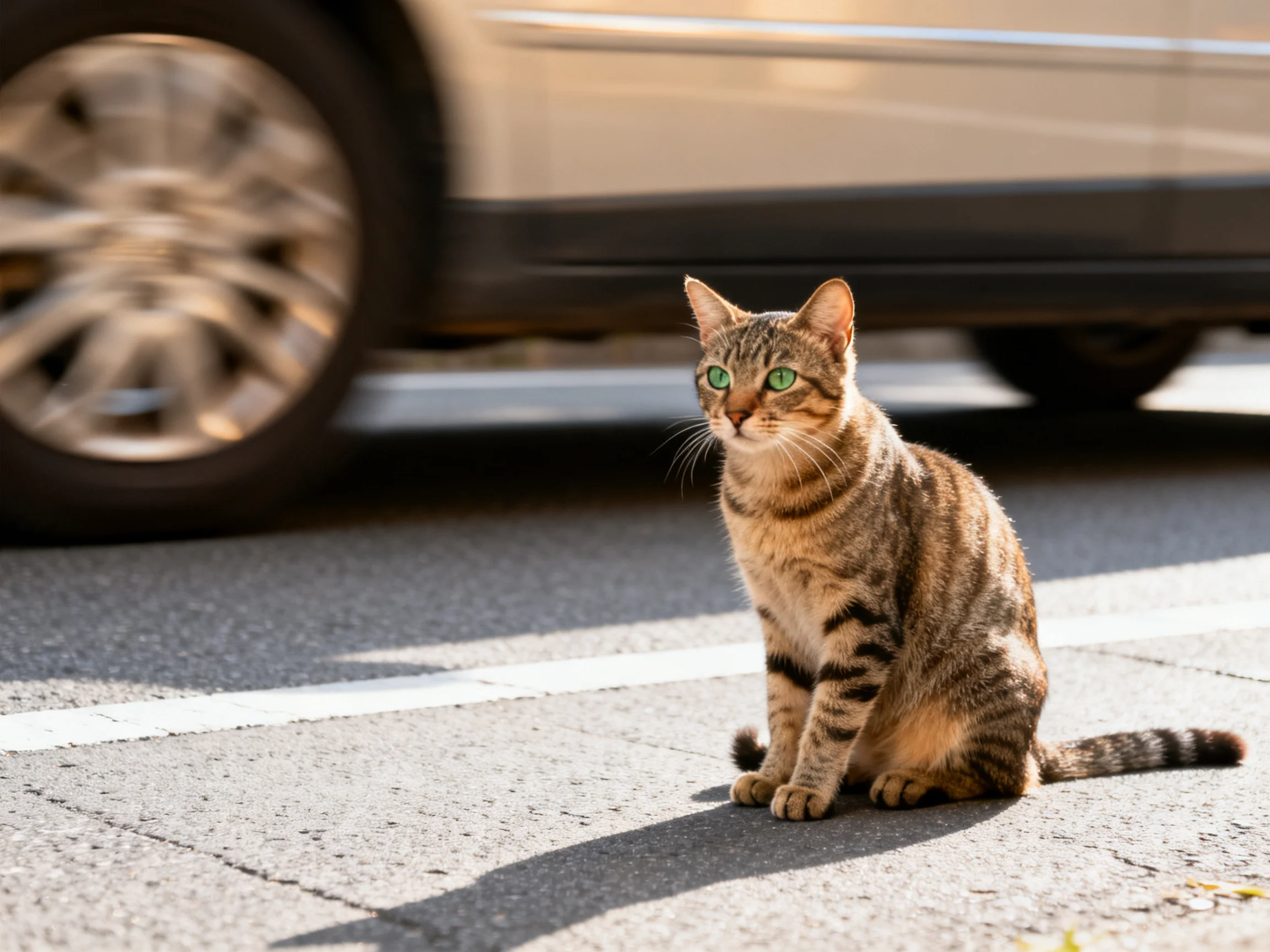 A tabby cat with green eyes sits calmly on a paved road near a moving car