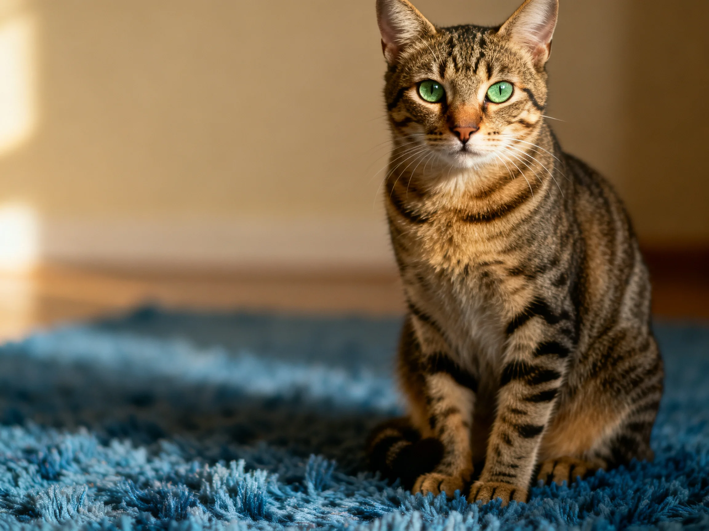 A tabby cat with green eyes sits calmly on a blue rug inside