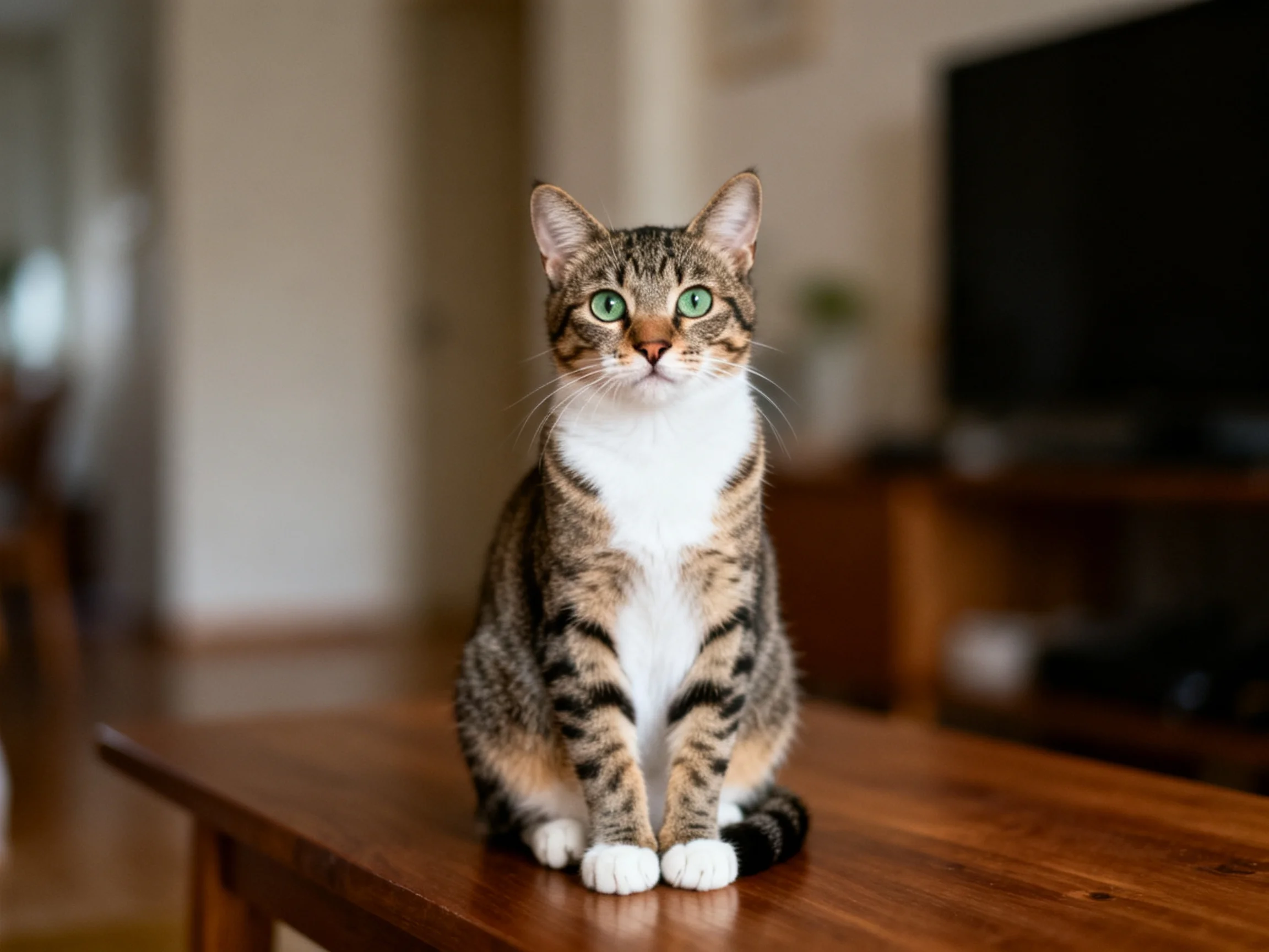 A tabby cat with green eyes sits on a wooden table in a softly lit room