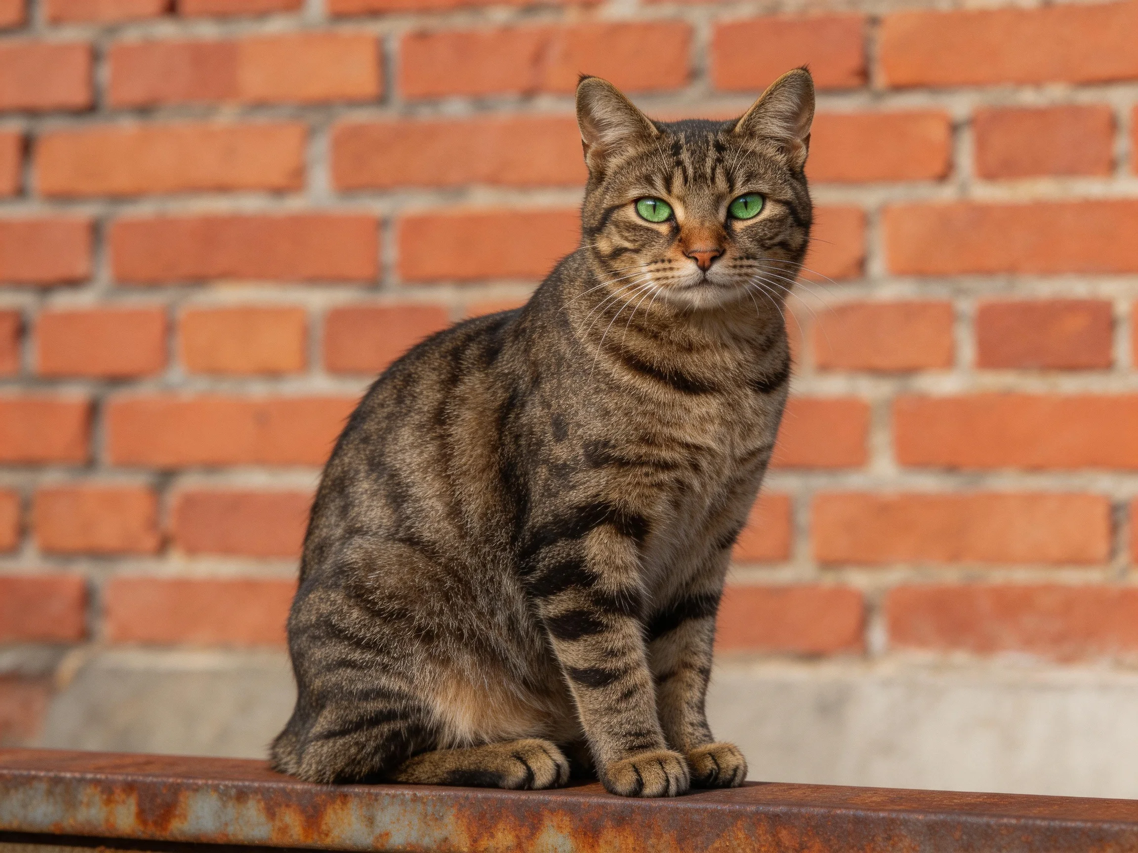 A tabby cat with green eyes sits on a rusted metal bar next to a red brick wall