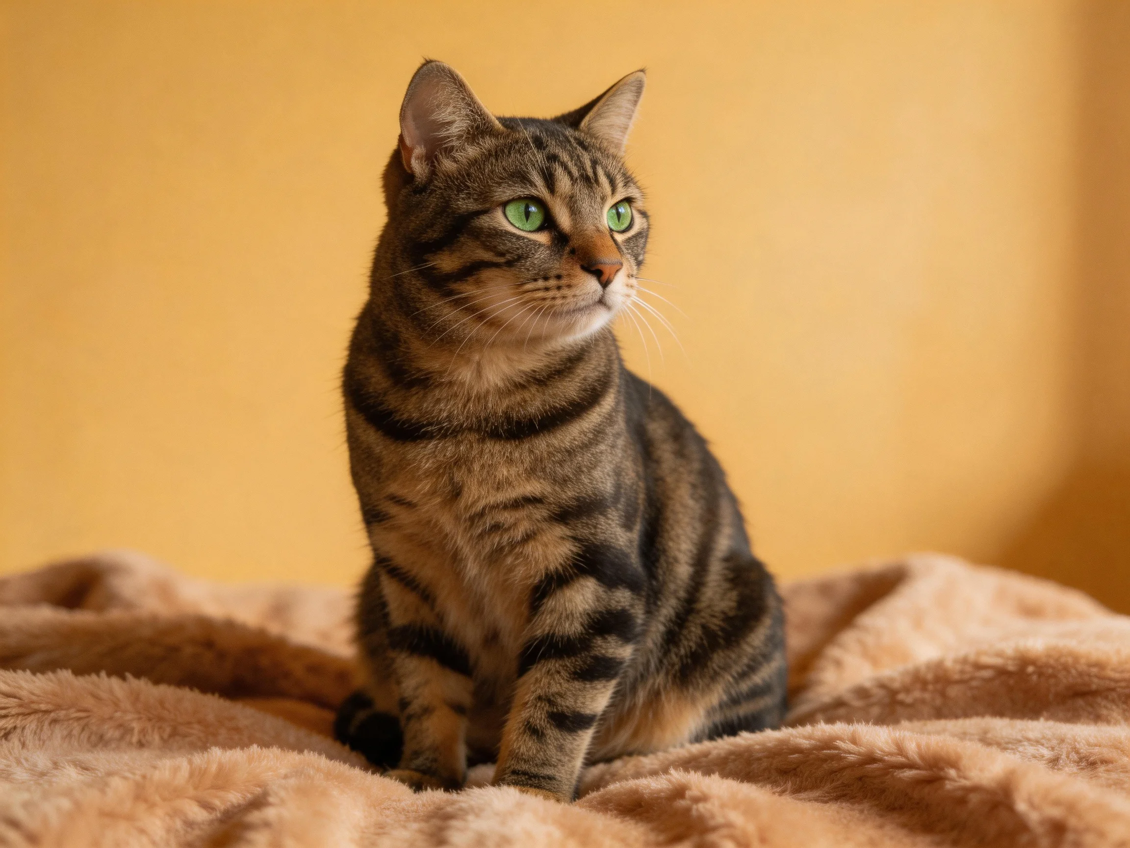 A tabby cat with green eyes sits on a soft blanket in front of a yellow wall.