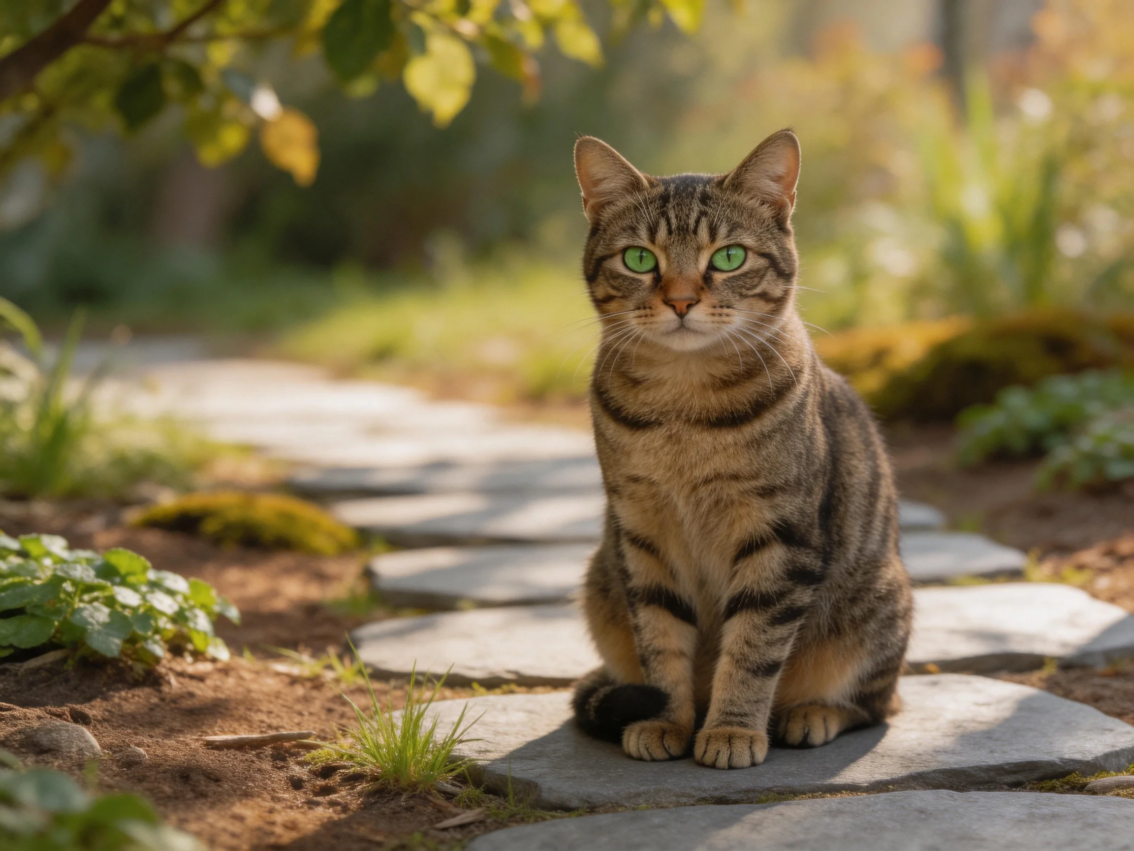 A tabby cat with green eyes sits calmly on a stone pathway in a sunlit garden.