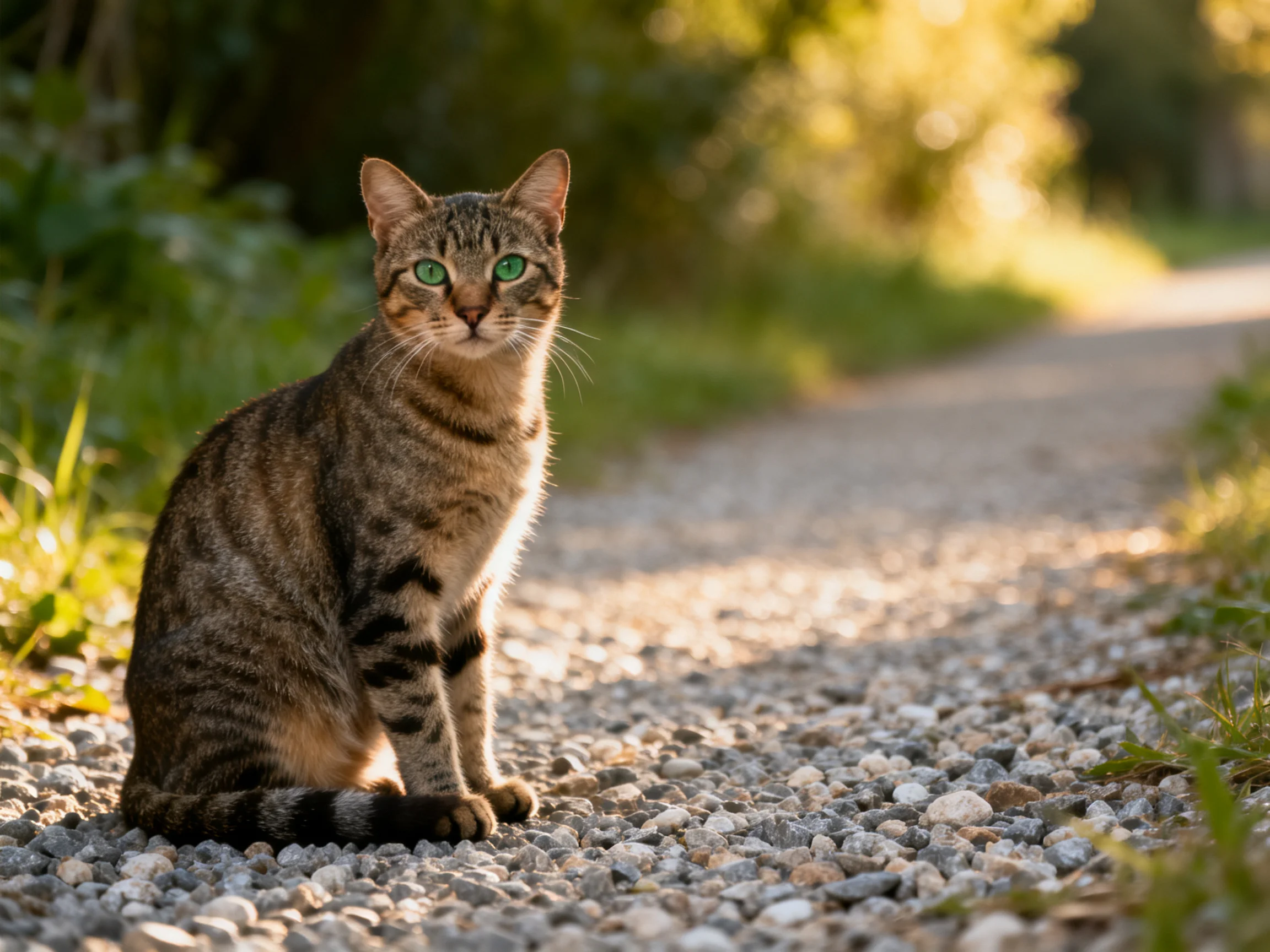 A tabby cat with green eyes sits on a gravel path in a sunlit outdoor setting.