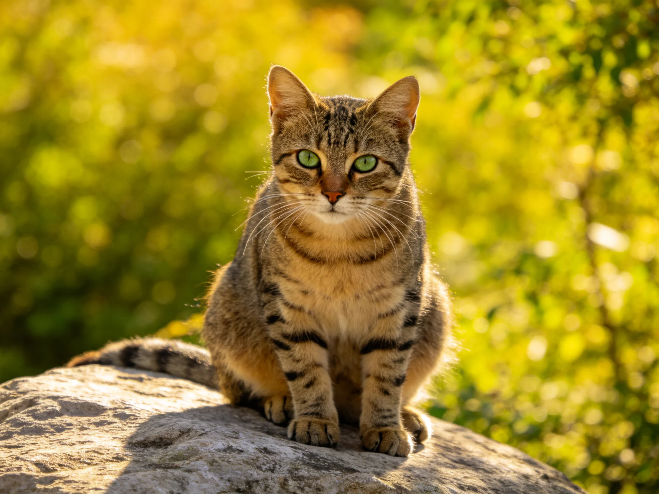 A tabby cat with green eyes sits on a rock in a sunlit natural setting.