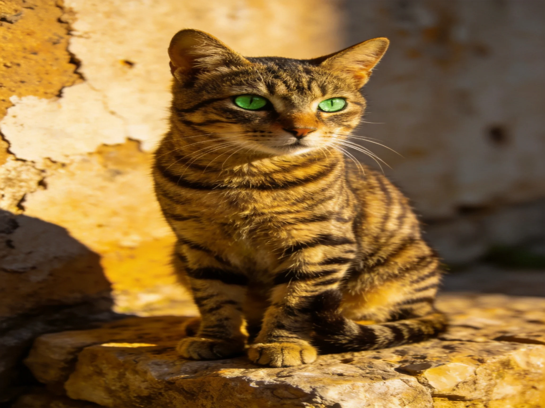 A tabby cat with green eyes sits on a stone ledge near an old, peeling wall.