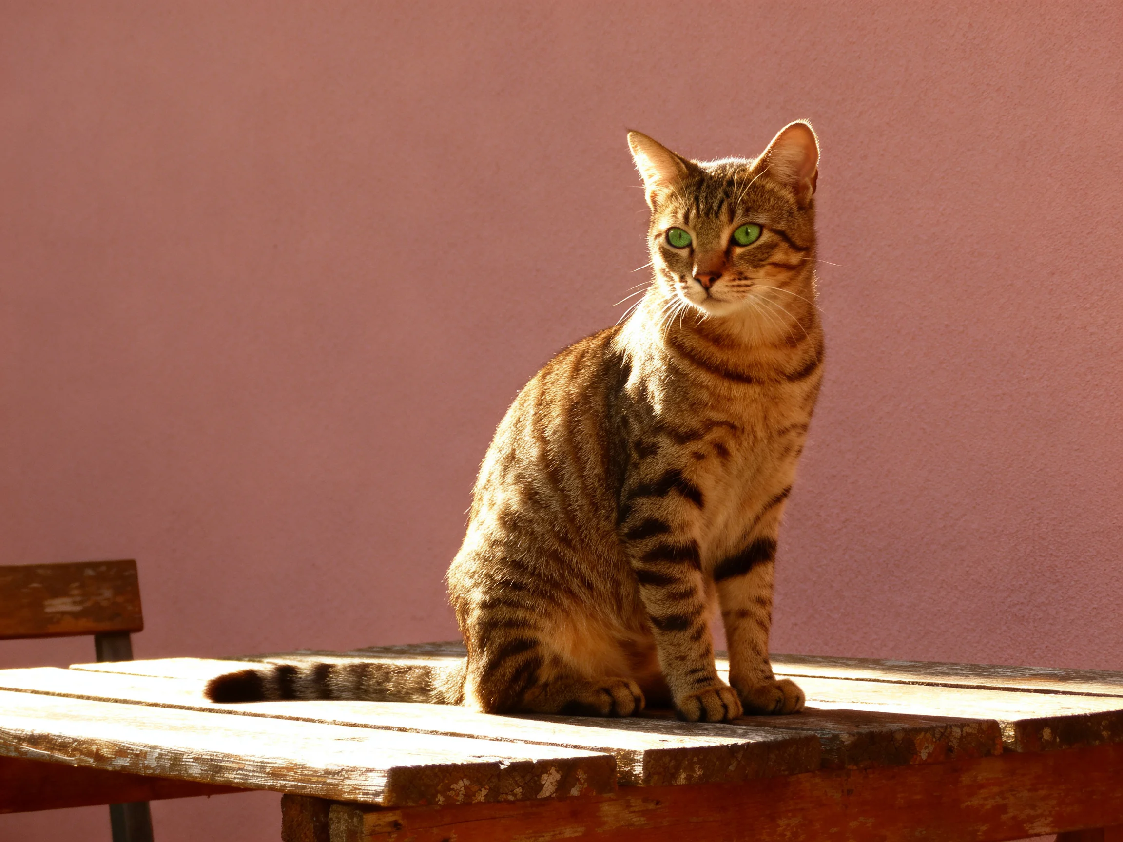 A tabby cat with green eyes sits on a weathered wooden table beside a pink wall.