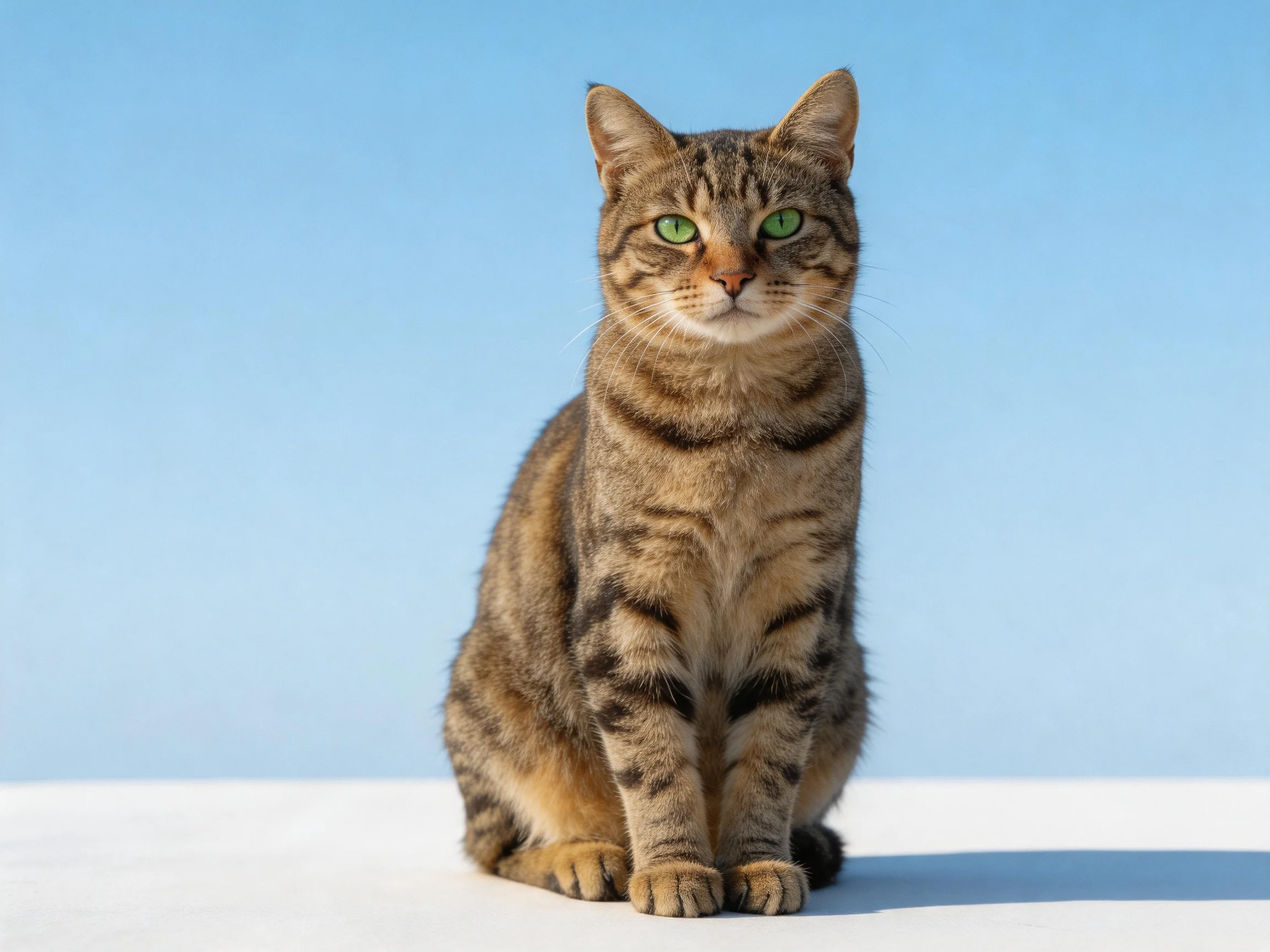 A tabby cat with green eyes sits calmly on a white surface