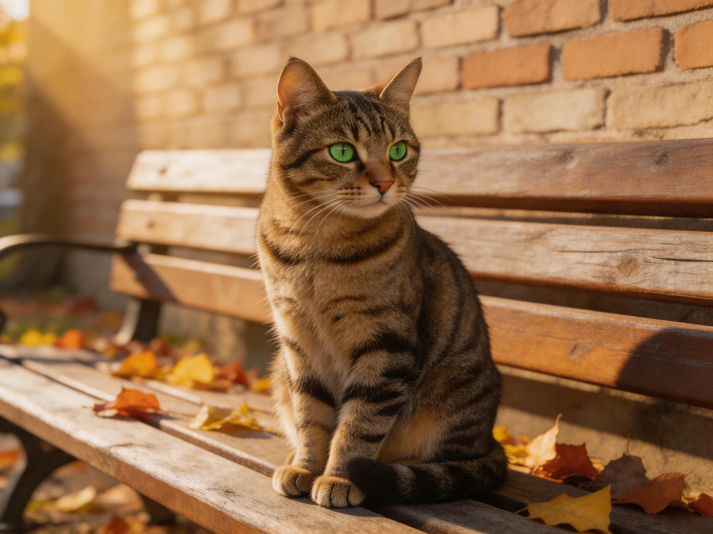 A tabby cat with green eyes sits on a wooden bench near fallen leaves.
