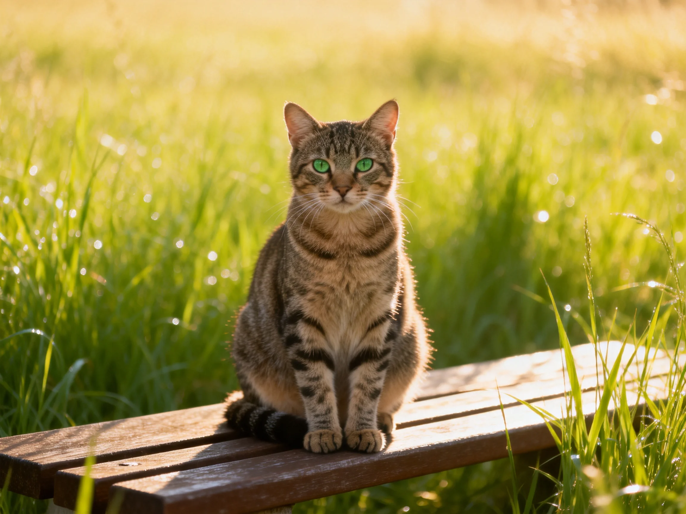 A tabby cat with green eyes sits on a wooden bench in a sunlit grassy area.