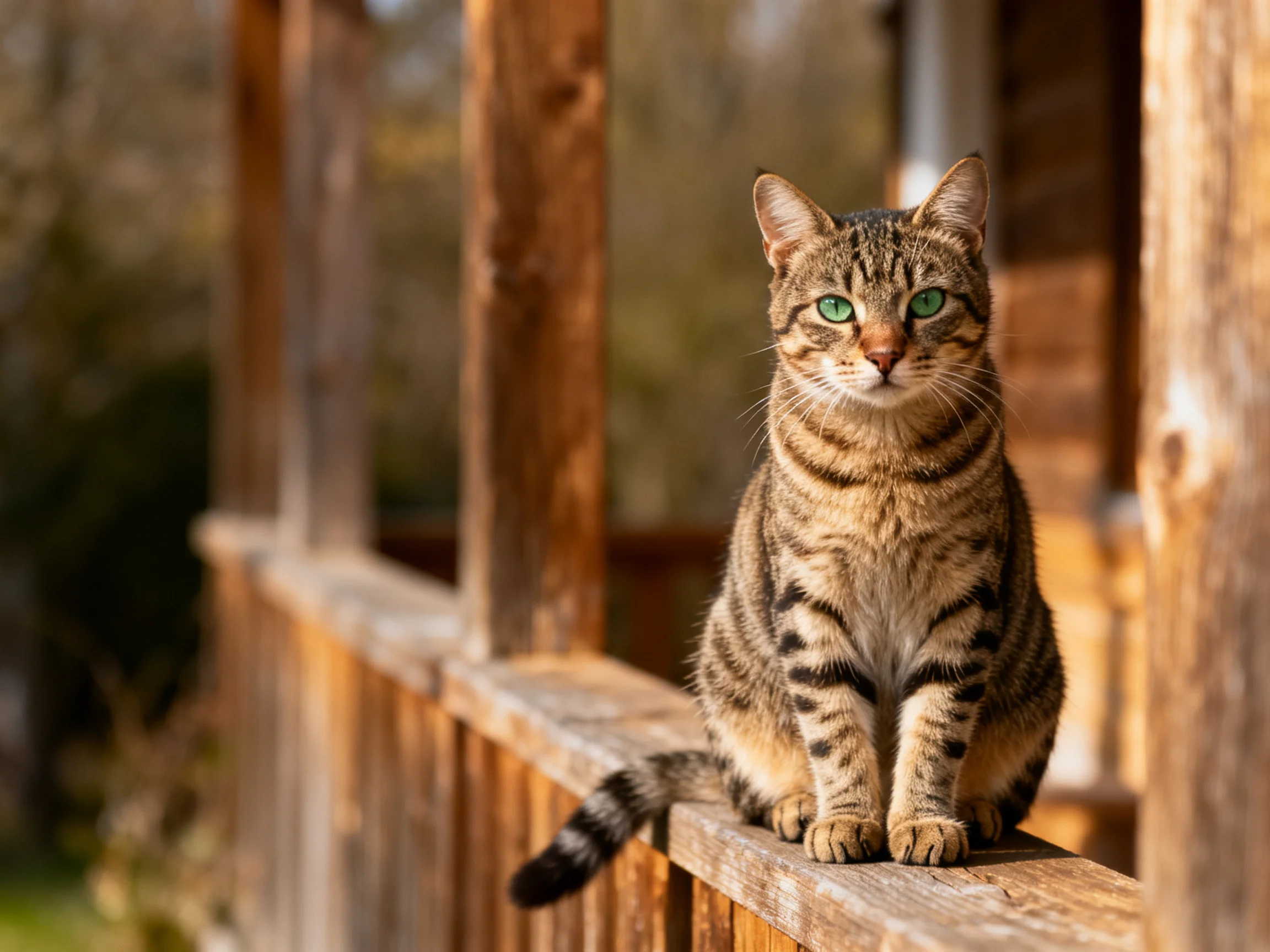 A tabby cat with green eyes sits on a wooden porch railing.