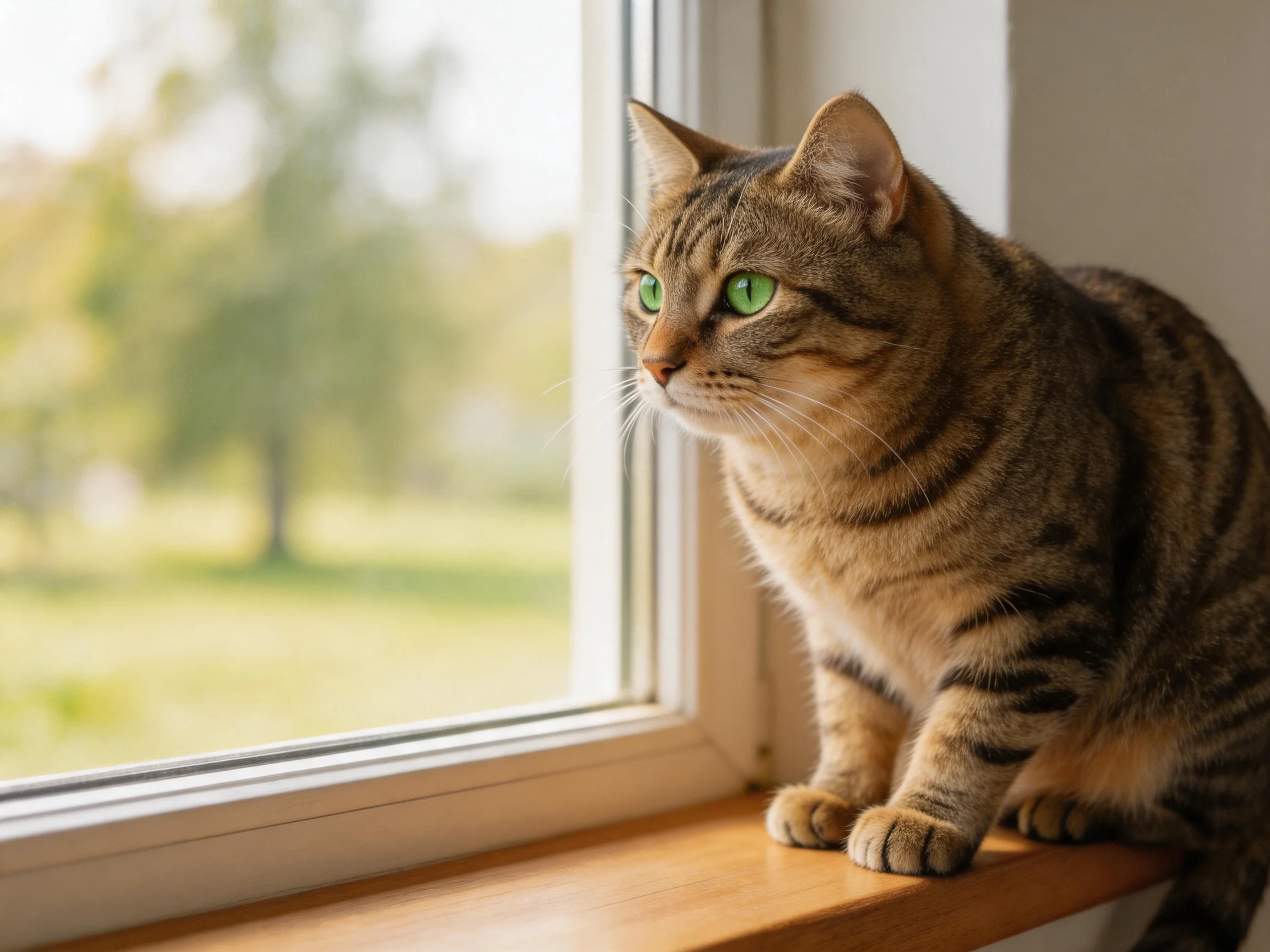 A tabby cat with green eyes sits on a wooden windowsill near an open window.