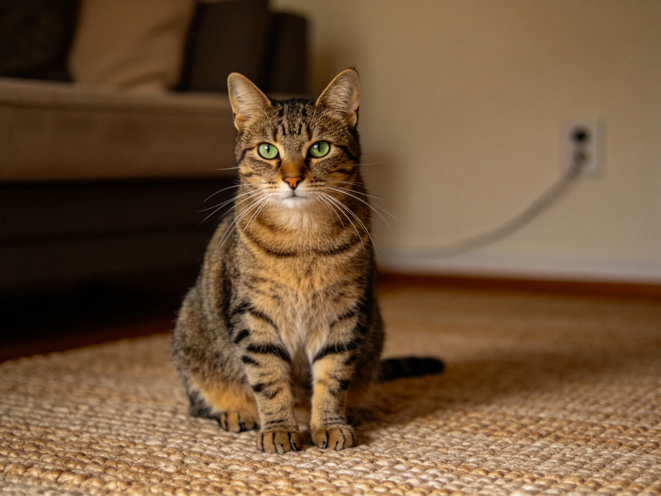 A tabby cat sits on a rug in a cozy indoor setting