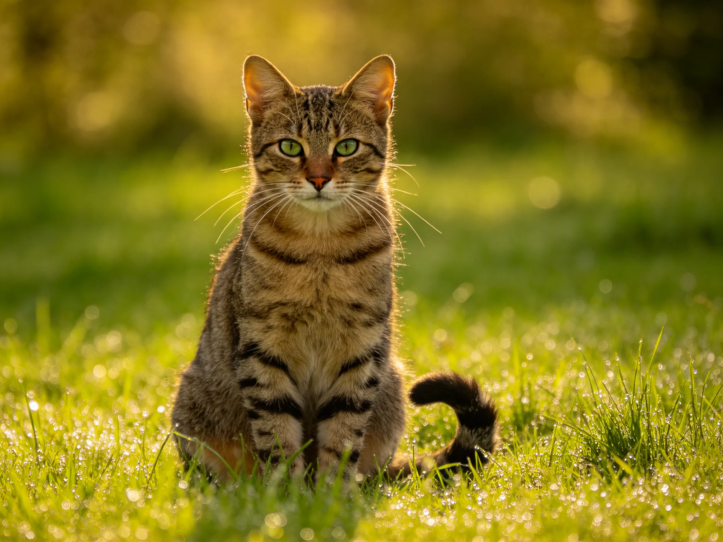 A tabby cat with green eyes sits calmly on dewy grass in a sunlit outdoor setting.