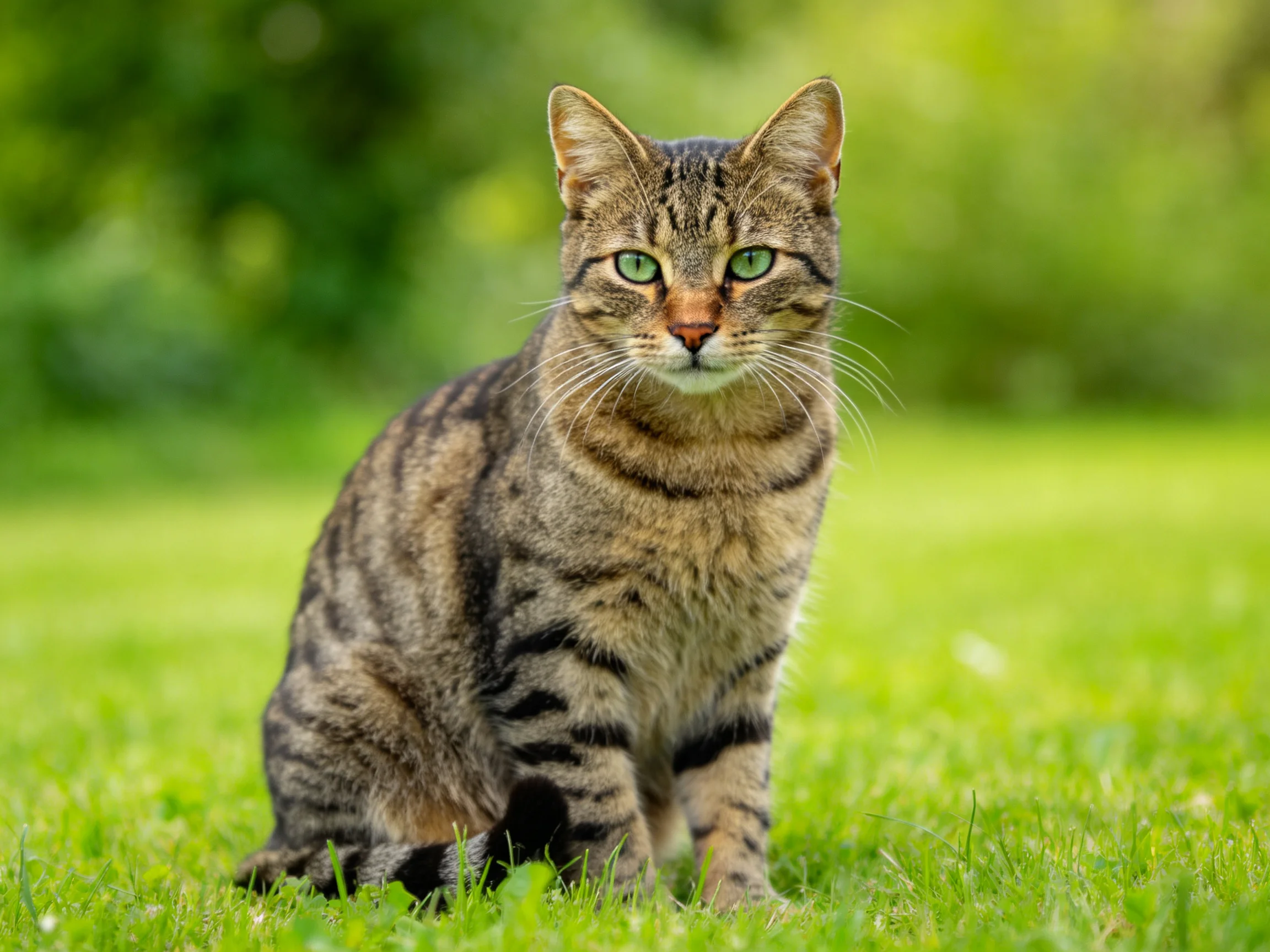 A tabby cat with green eyes sits on green grass in a sunny outdoor setting.