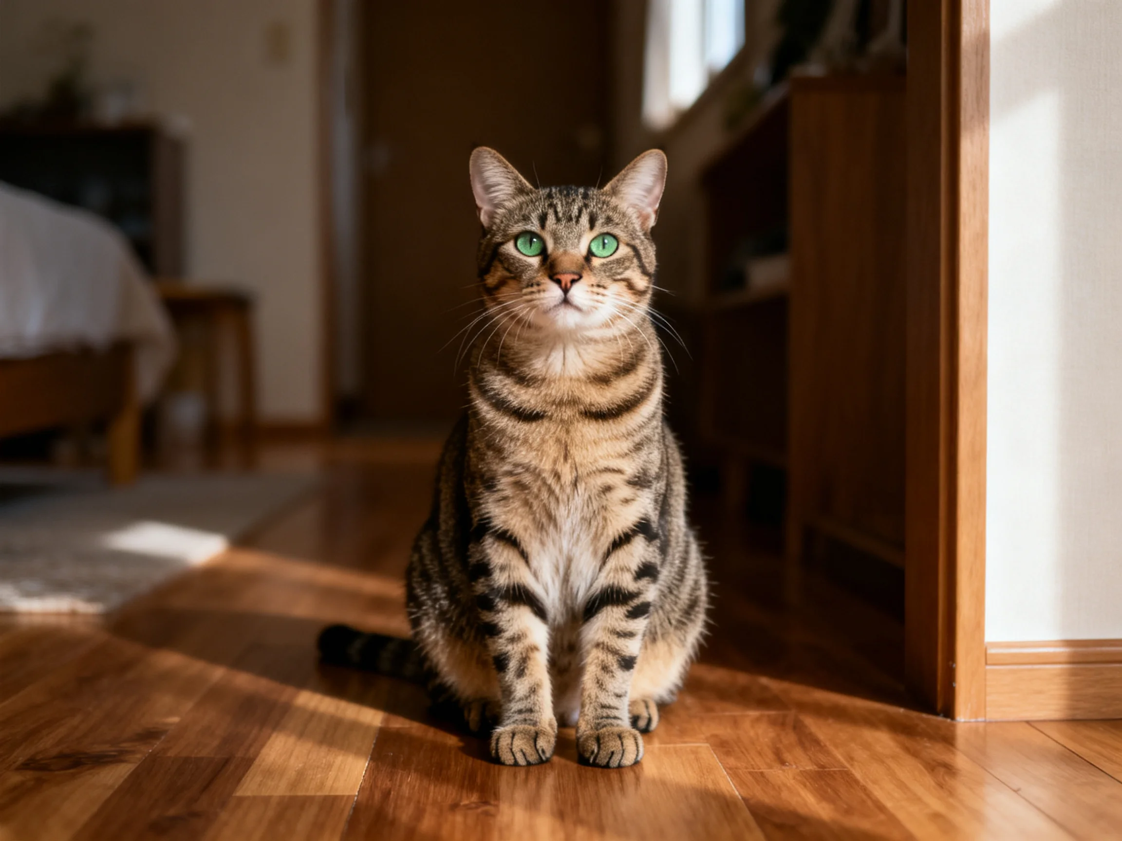 A tabby cat with green eyes sits calmly on polished wood flooring in a sunlit interior.