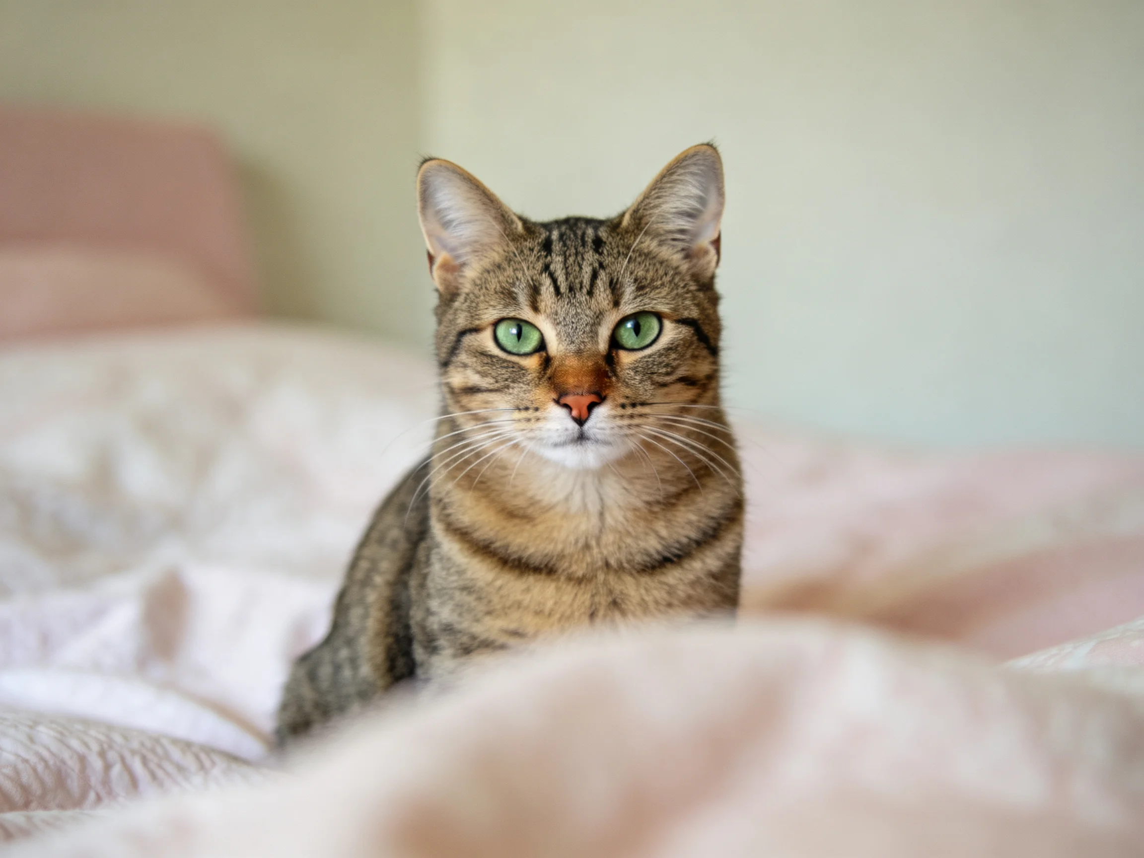 A tabby cat with green eyes sits calmly on soft pink bedding.