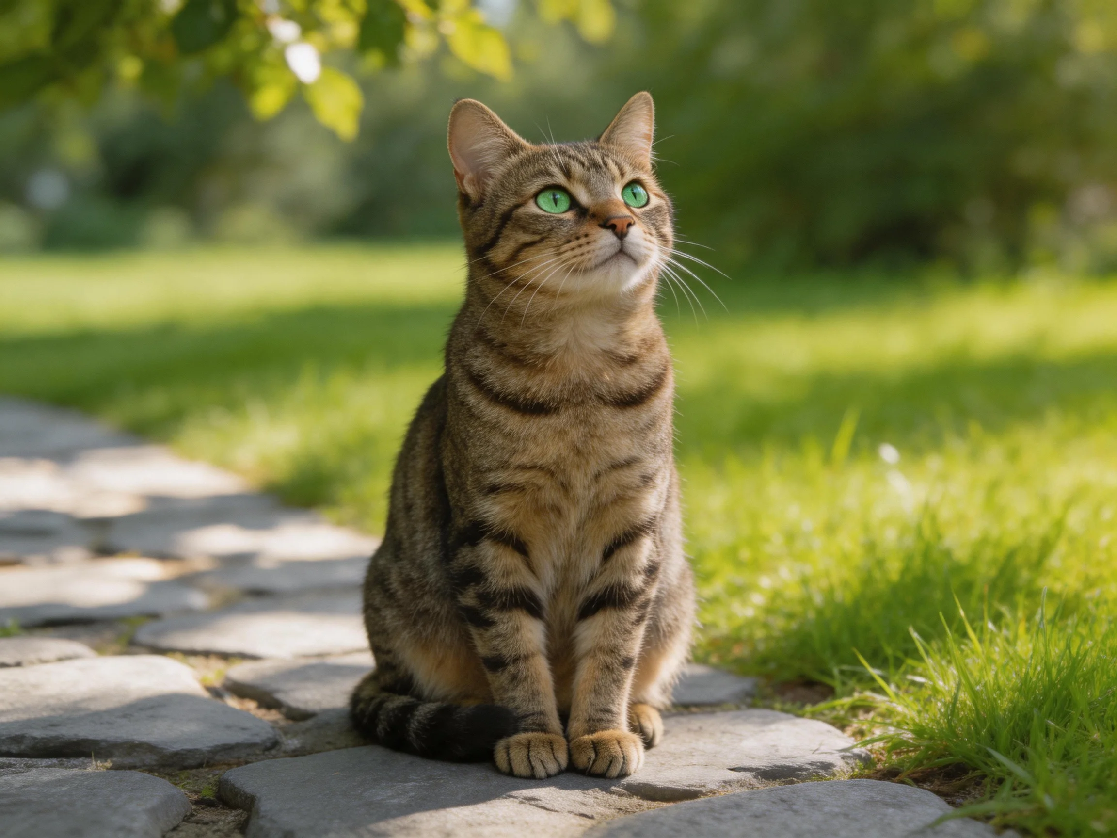 A tabby cat with green eyes sits on stone pavement in a sunlit outdoor setting.