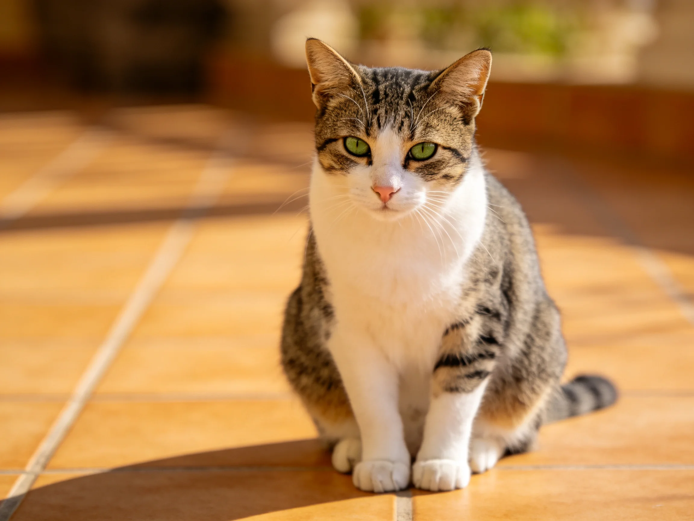 A tabby cat with green eyes sits calmly on terracotta tiles in bright light.