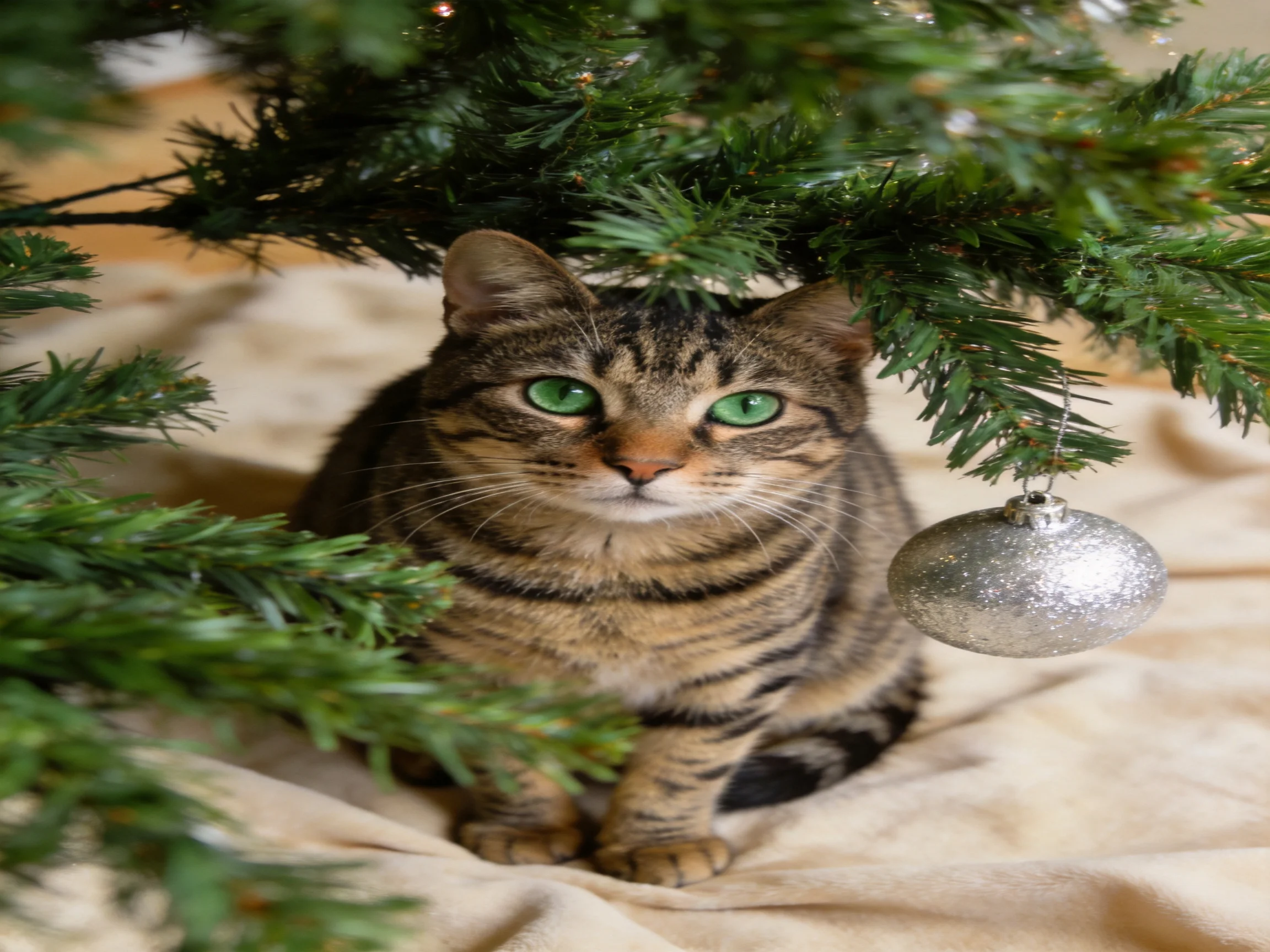 A tabby cat with green eyes sits beneath a decorated Christmas tree