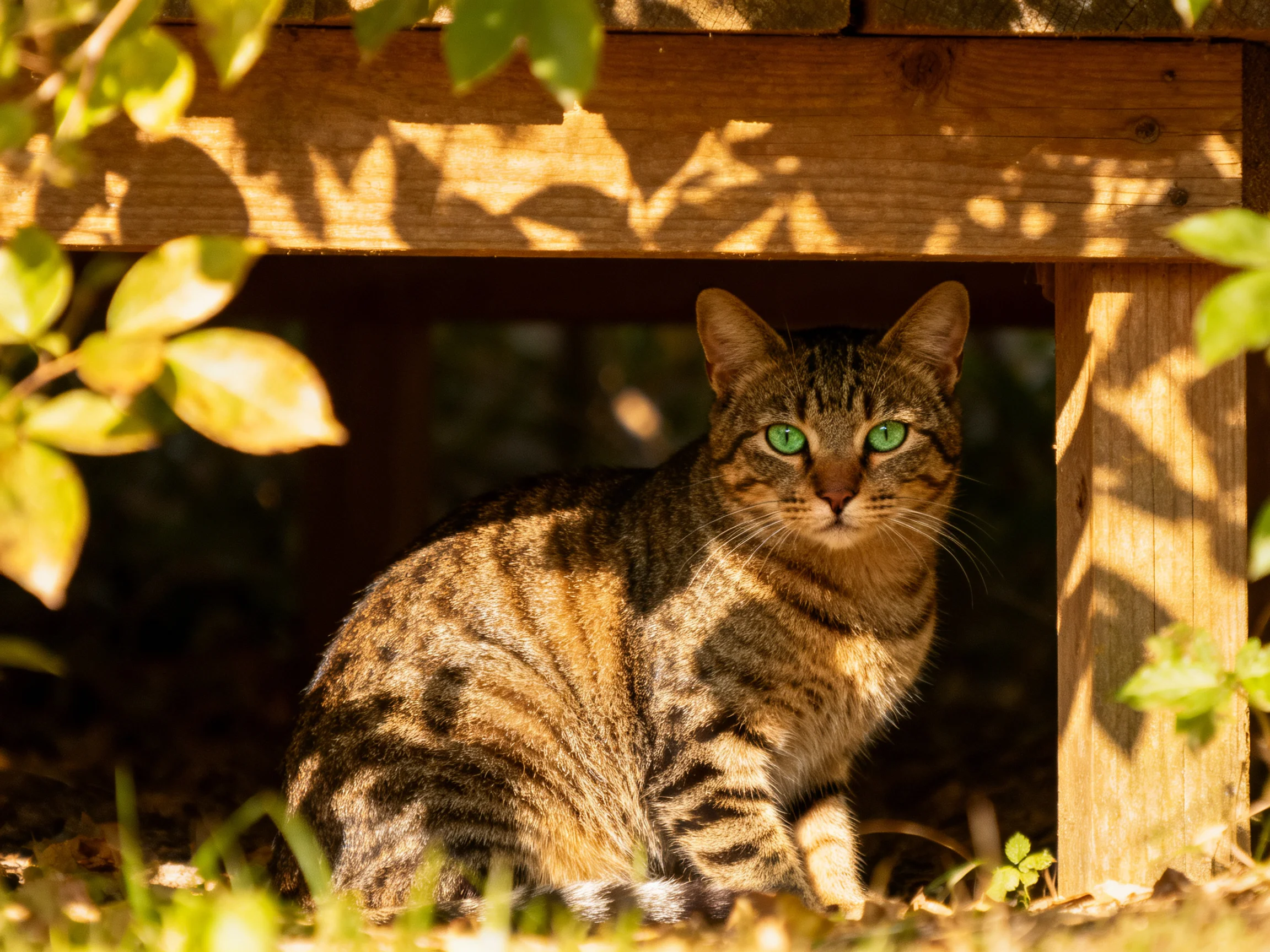 A tabby cat with green eyes sits under a wooden shelter.