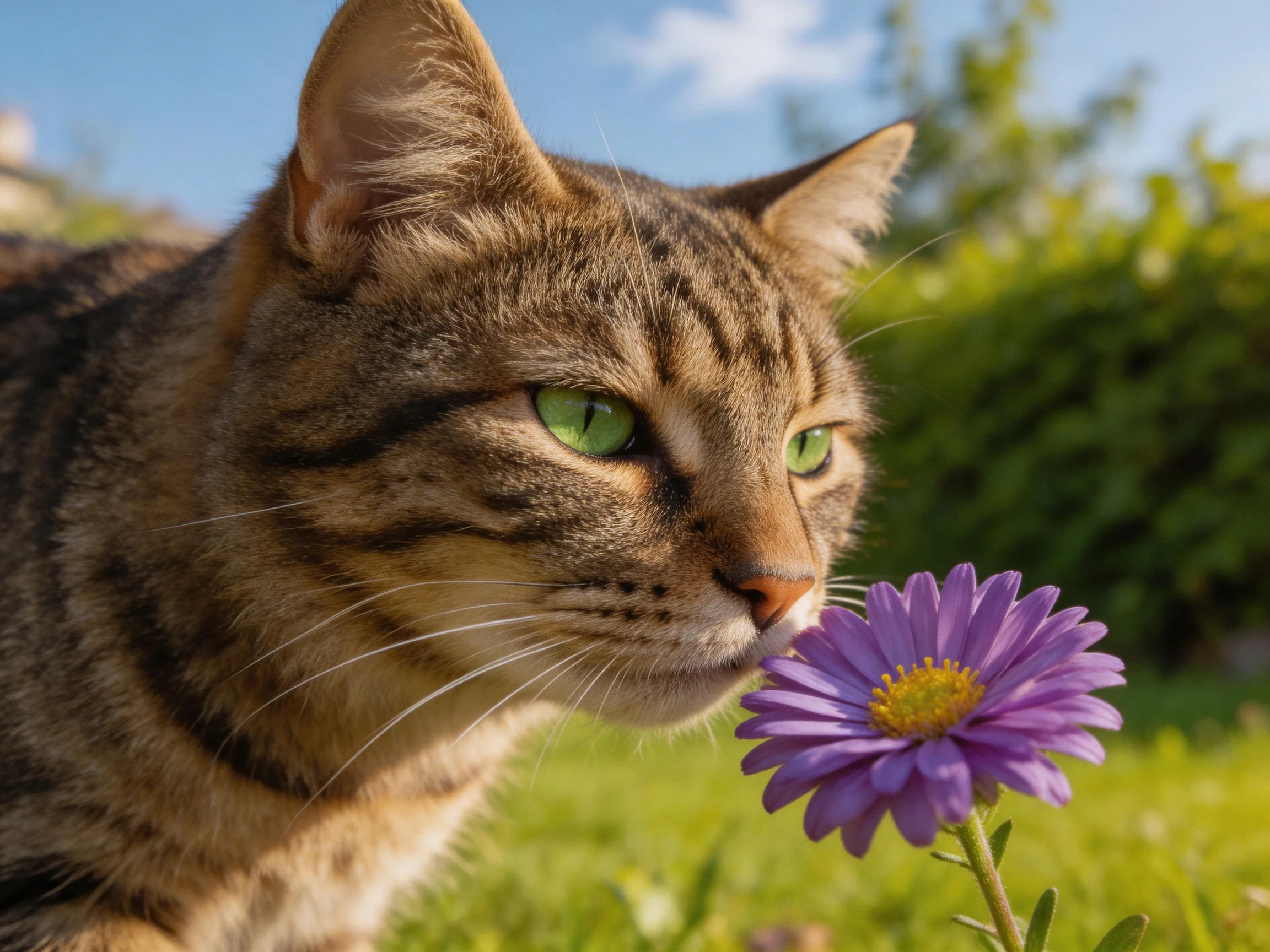 A tabby cat with green eyes sniffs a vibrant purple flower outdoors