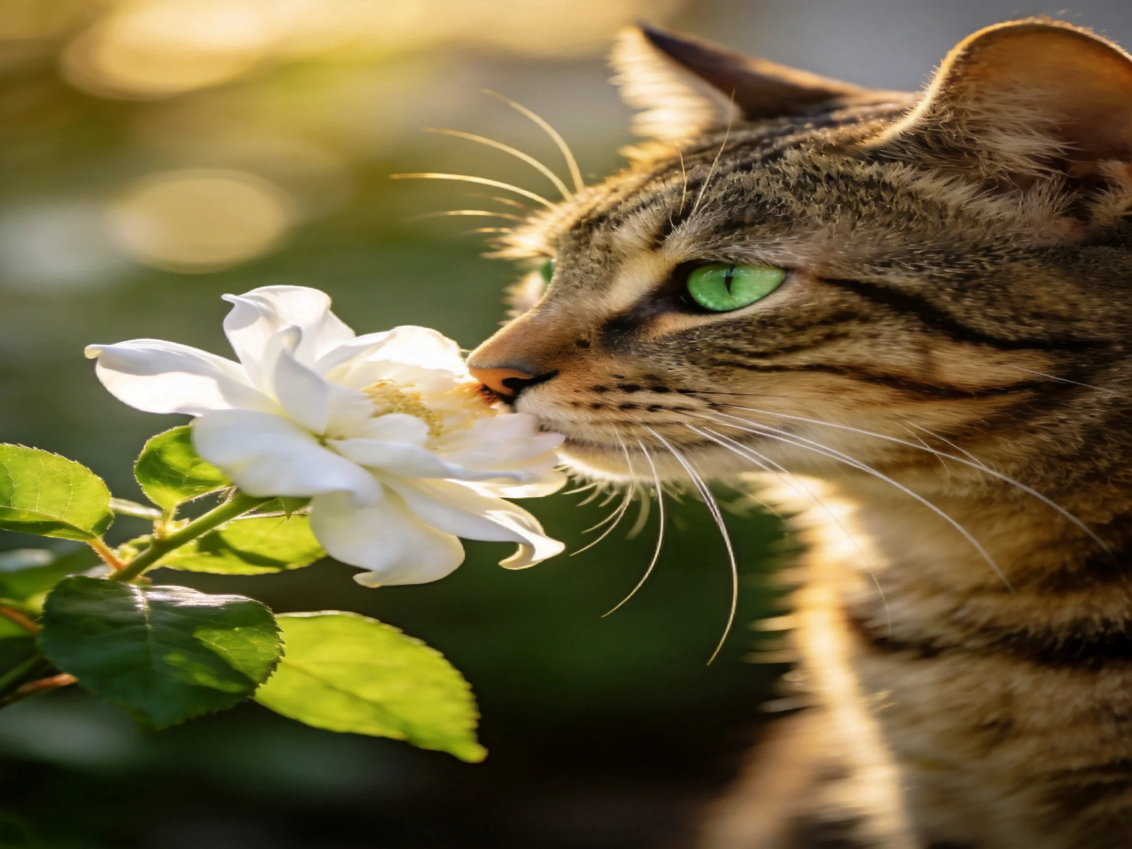 A tabby cat with green eyes sniffs a white rose in soft sunlight