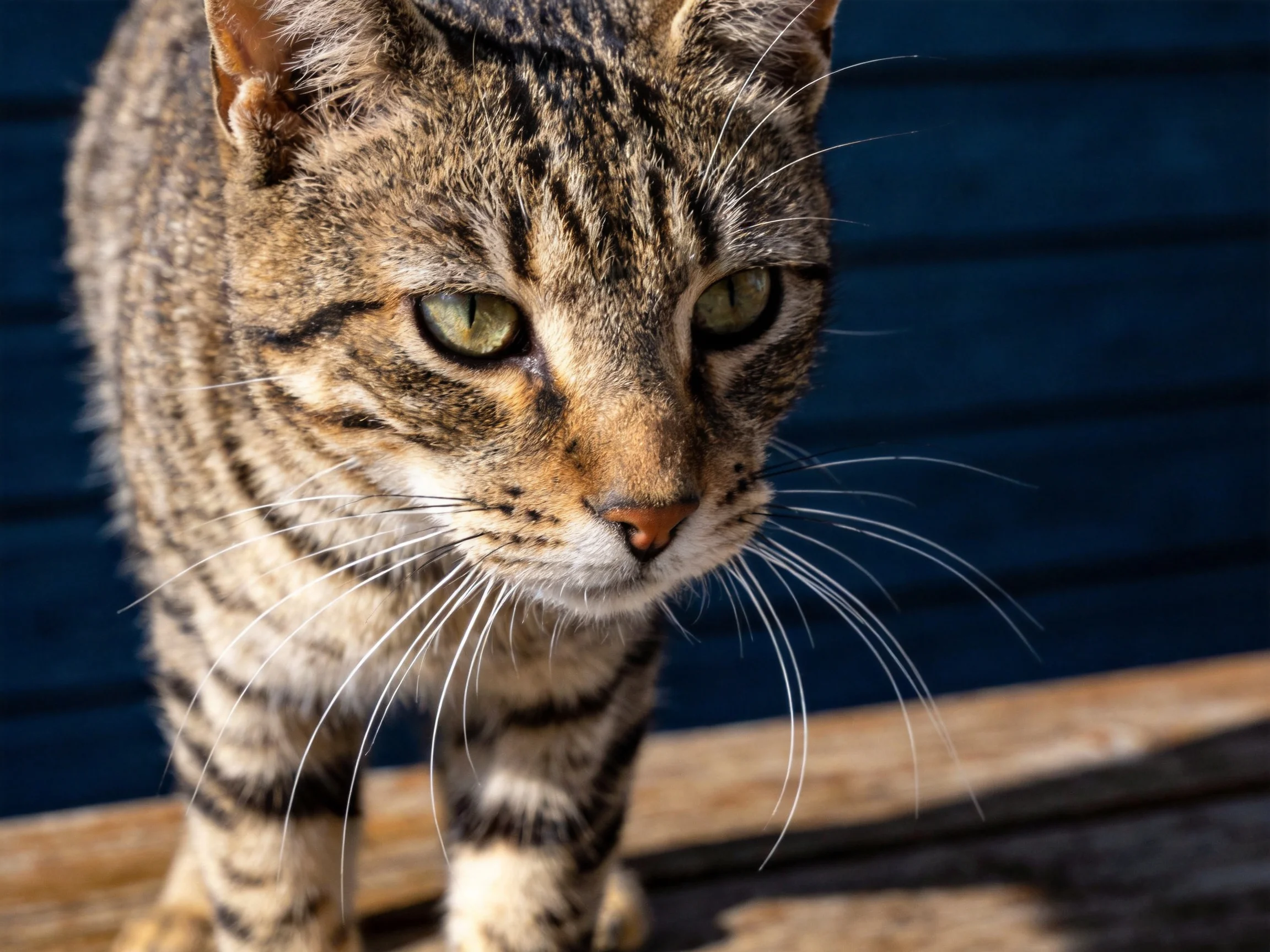 A tabby cat with green eyes stands near a blue wall on a wooden surface.