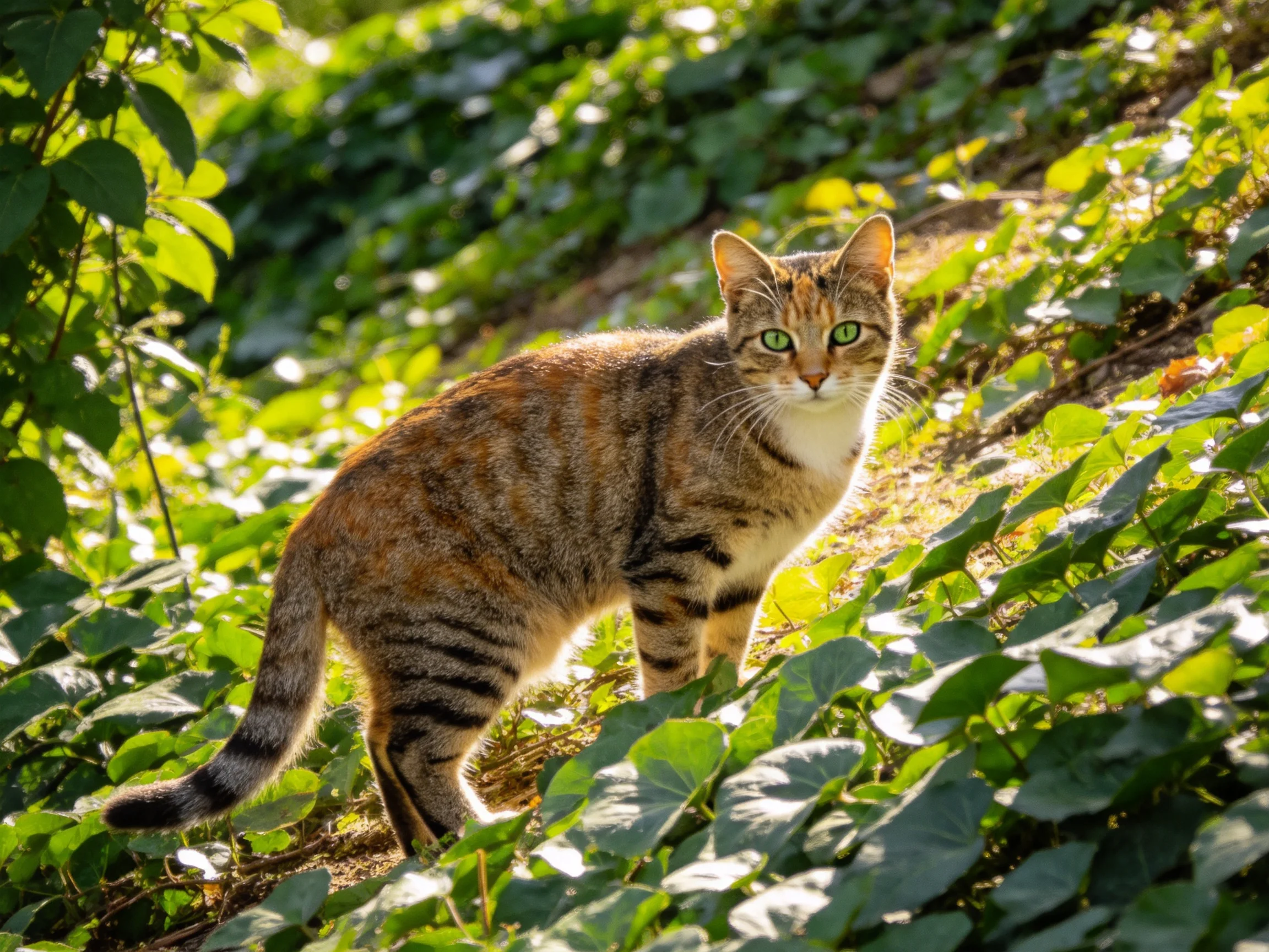 A tabby cat with green eyes stands amid lush greenery in bright sunlight