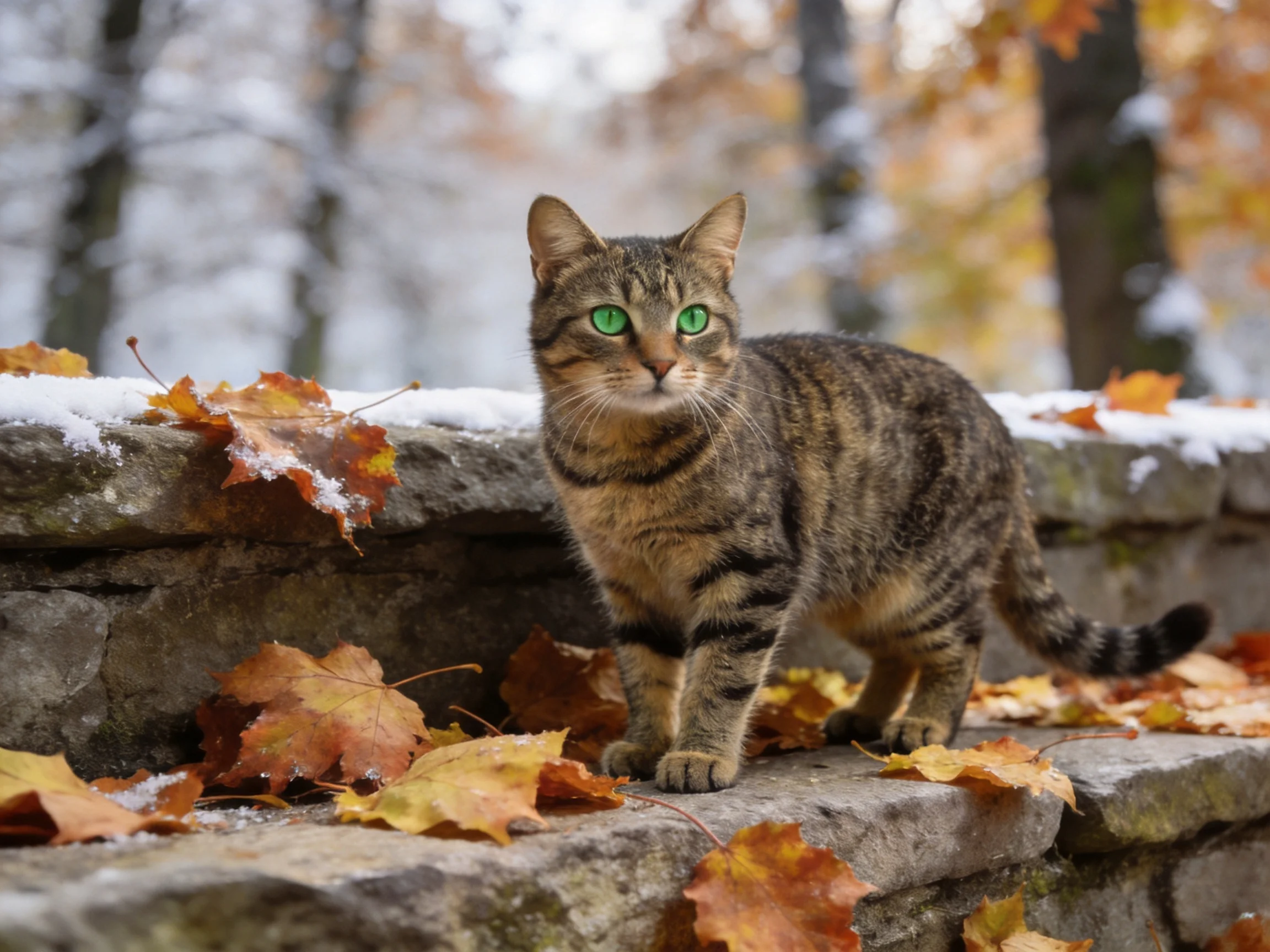 A tabby cat with green eyes stands amid autumn leaves and stone structures.
