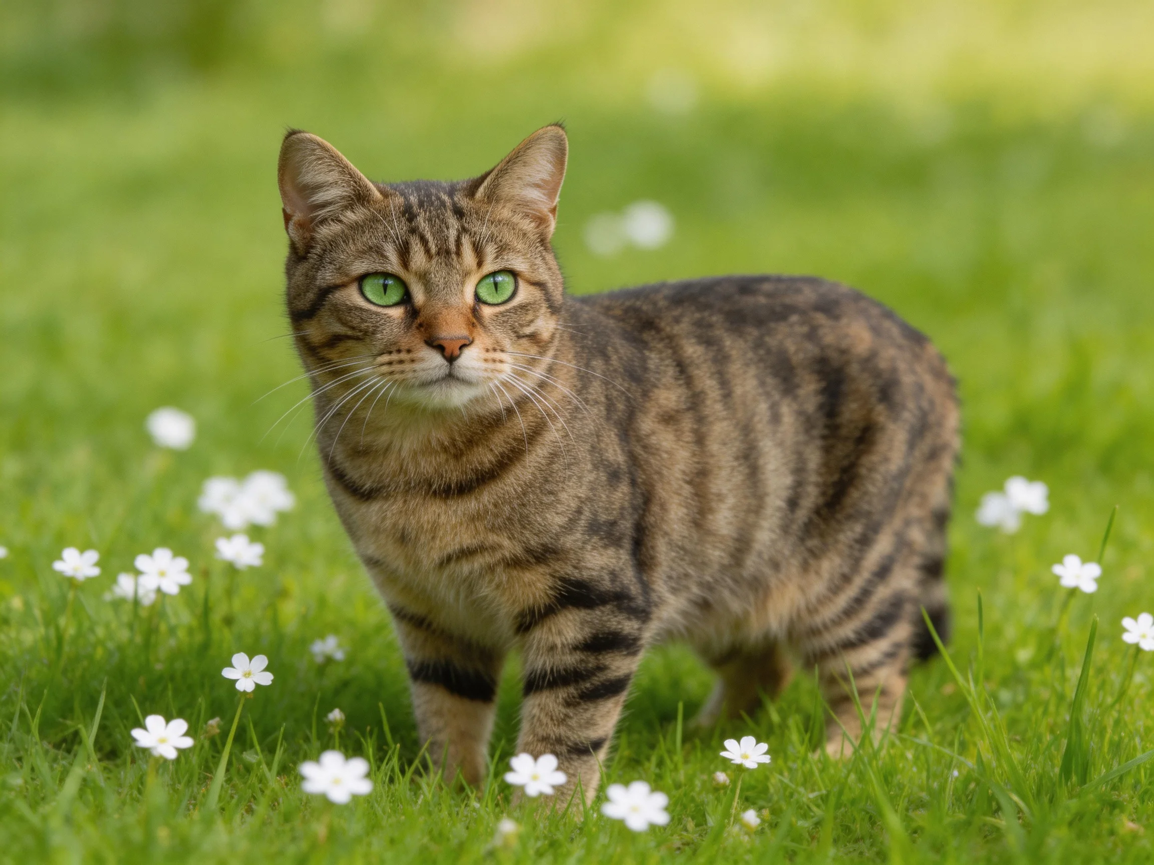 A tabby cat with green eyes stands among white flowers in a sunlit grassy area.