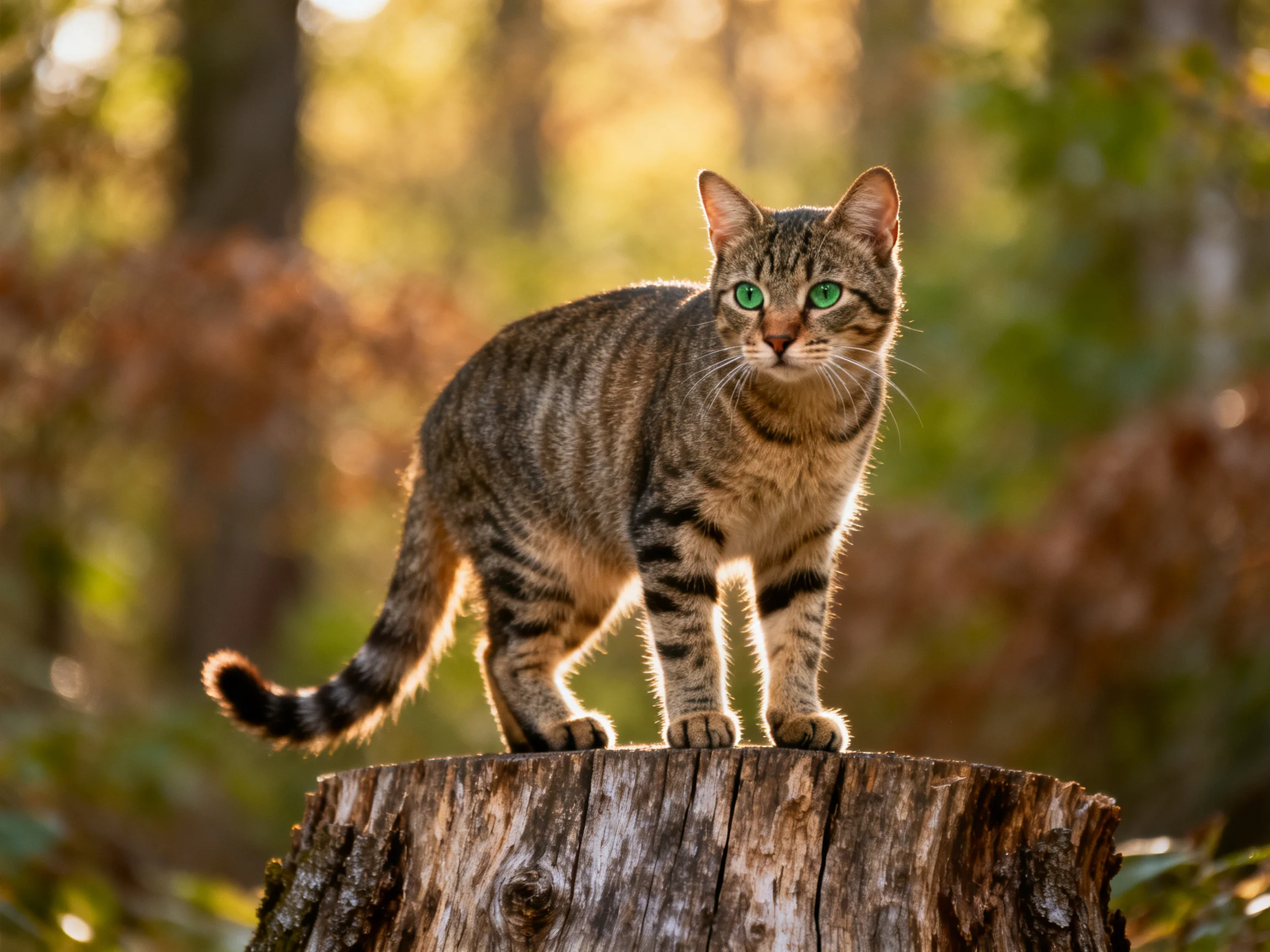 A tabby cat with green eyes stands on a tree stump in a sunlit forest