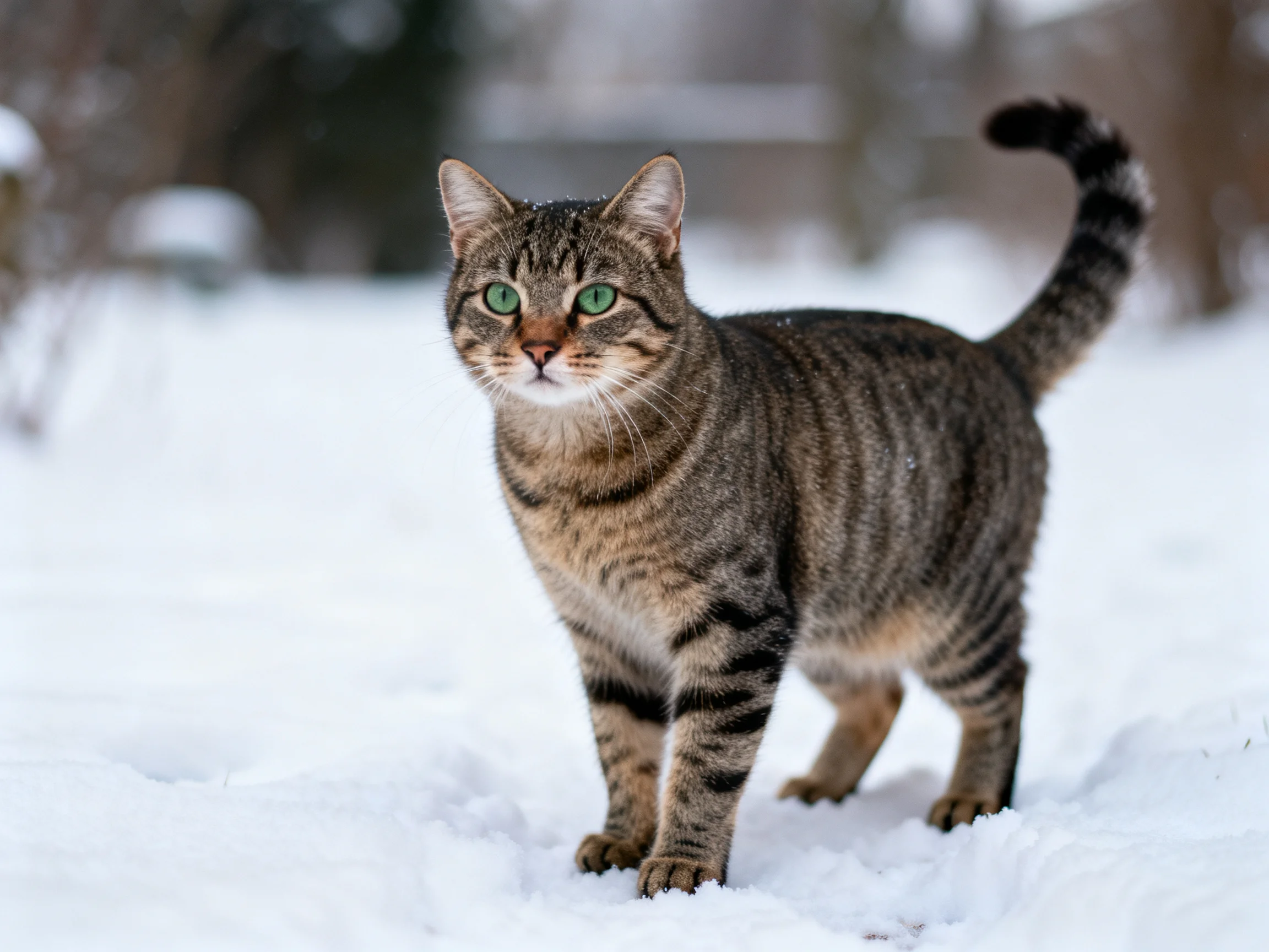 A tabby cat with green eyes is positioned in a snowy environment.