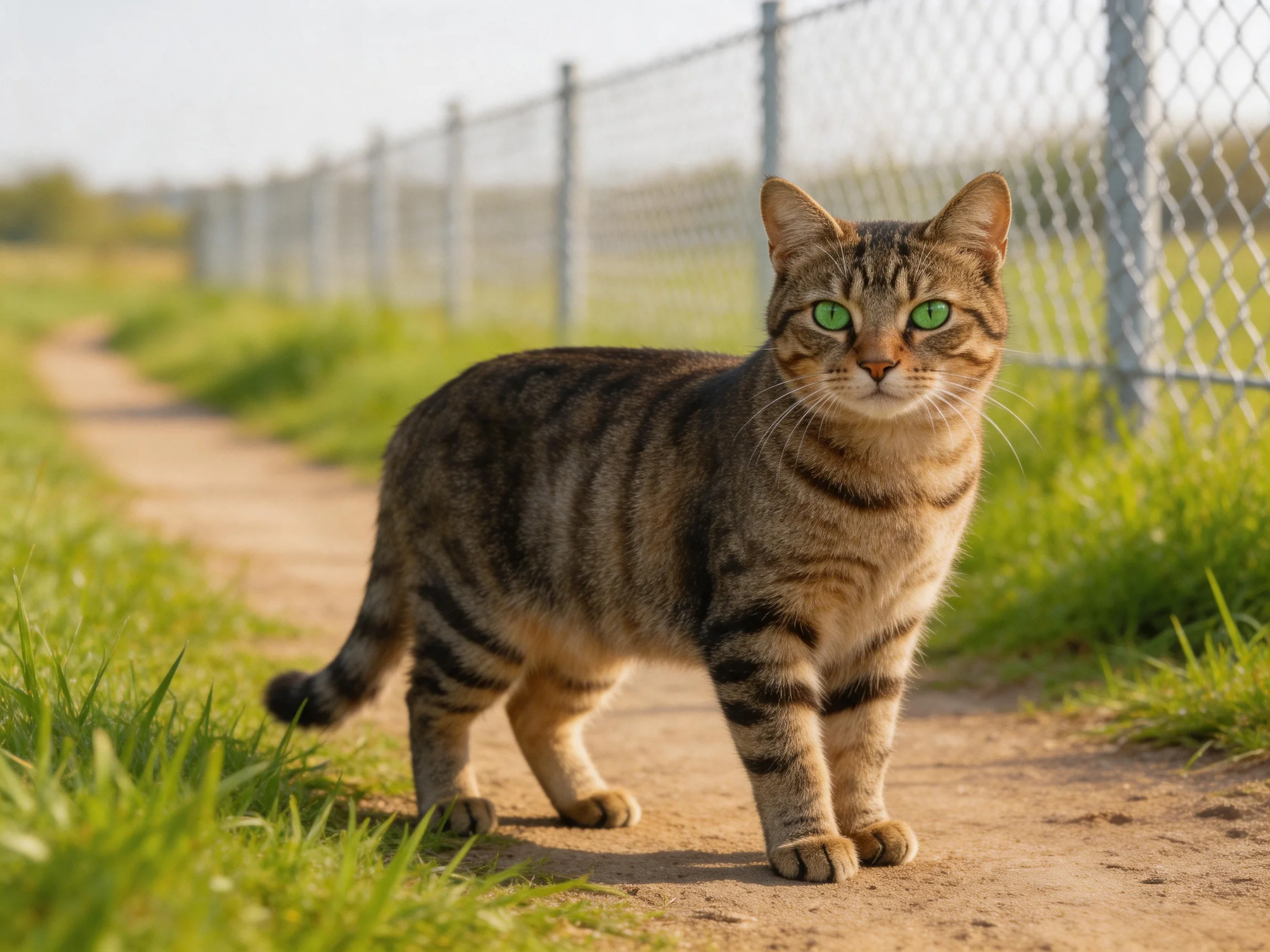 A tabby cat with green eyes stands on a dirt path close to a chain-link fence