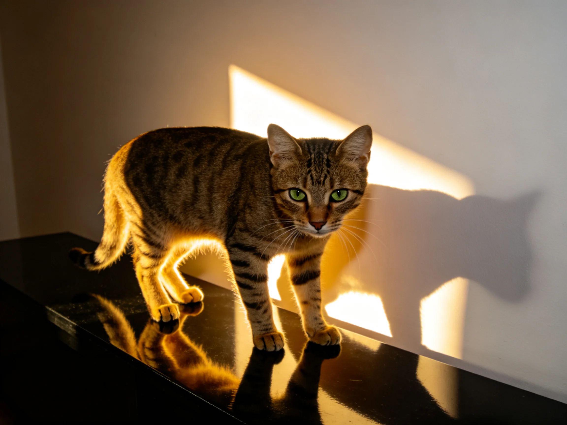 A tabby cat with green eyes stands on a glossy black surface with golden lighting.