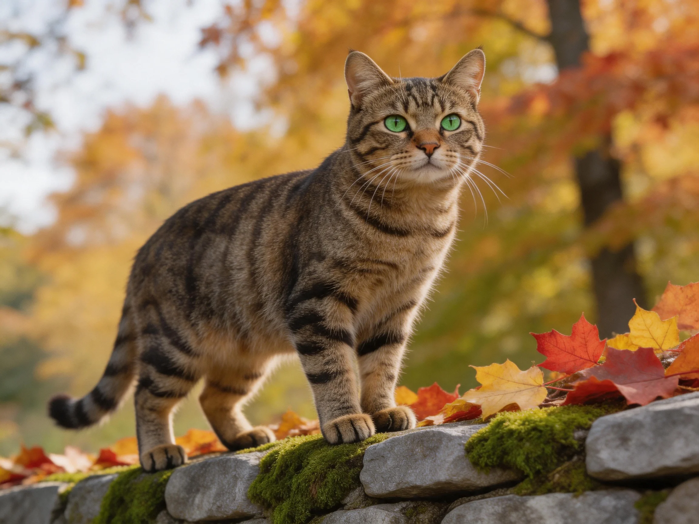 A tabby cat with green eyes stands on a moss-covered stone wall amid autumn foliage