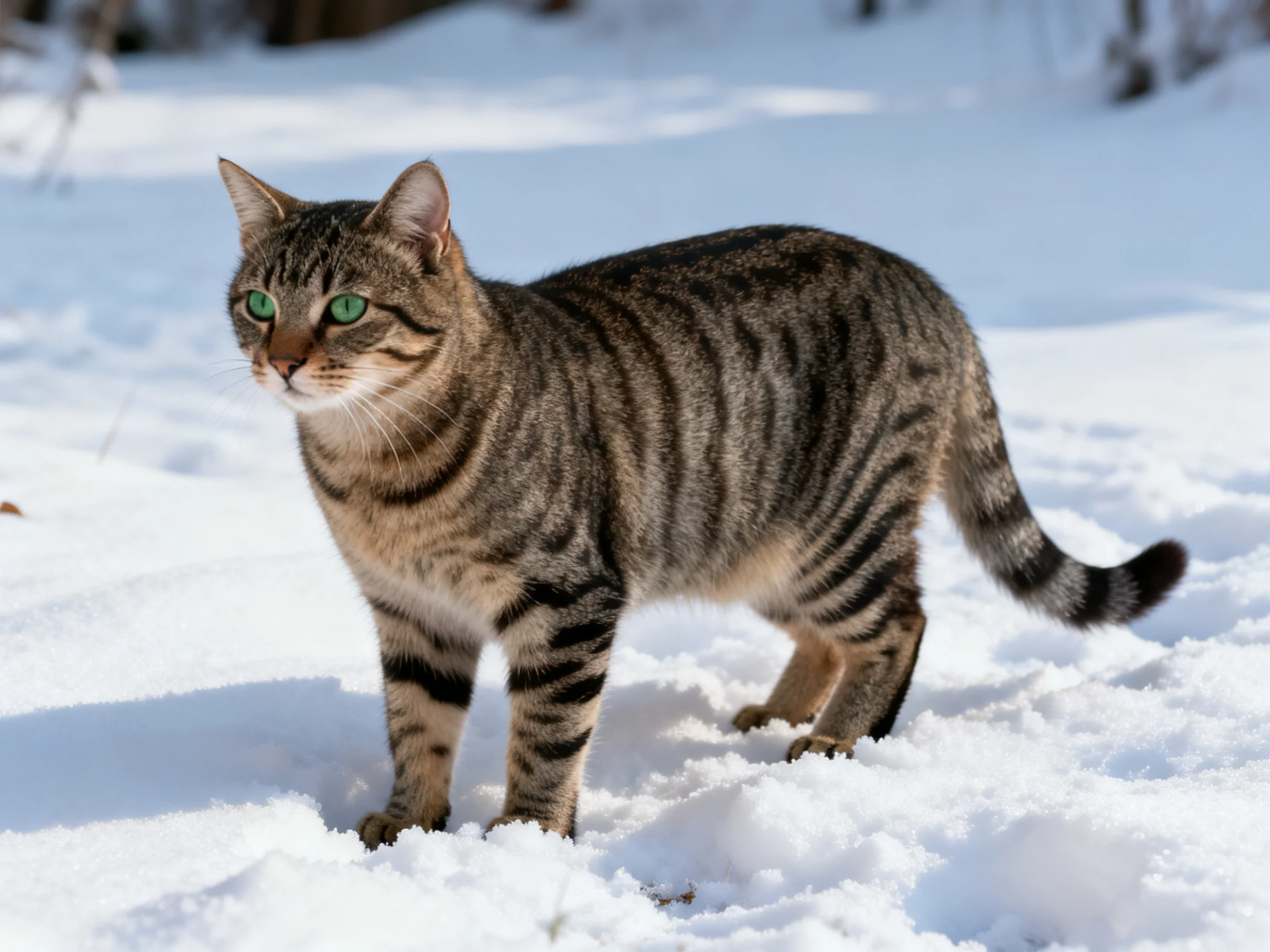 A tabby cat with green eyes stands on deep snow