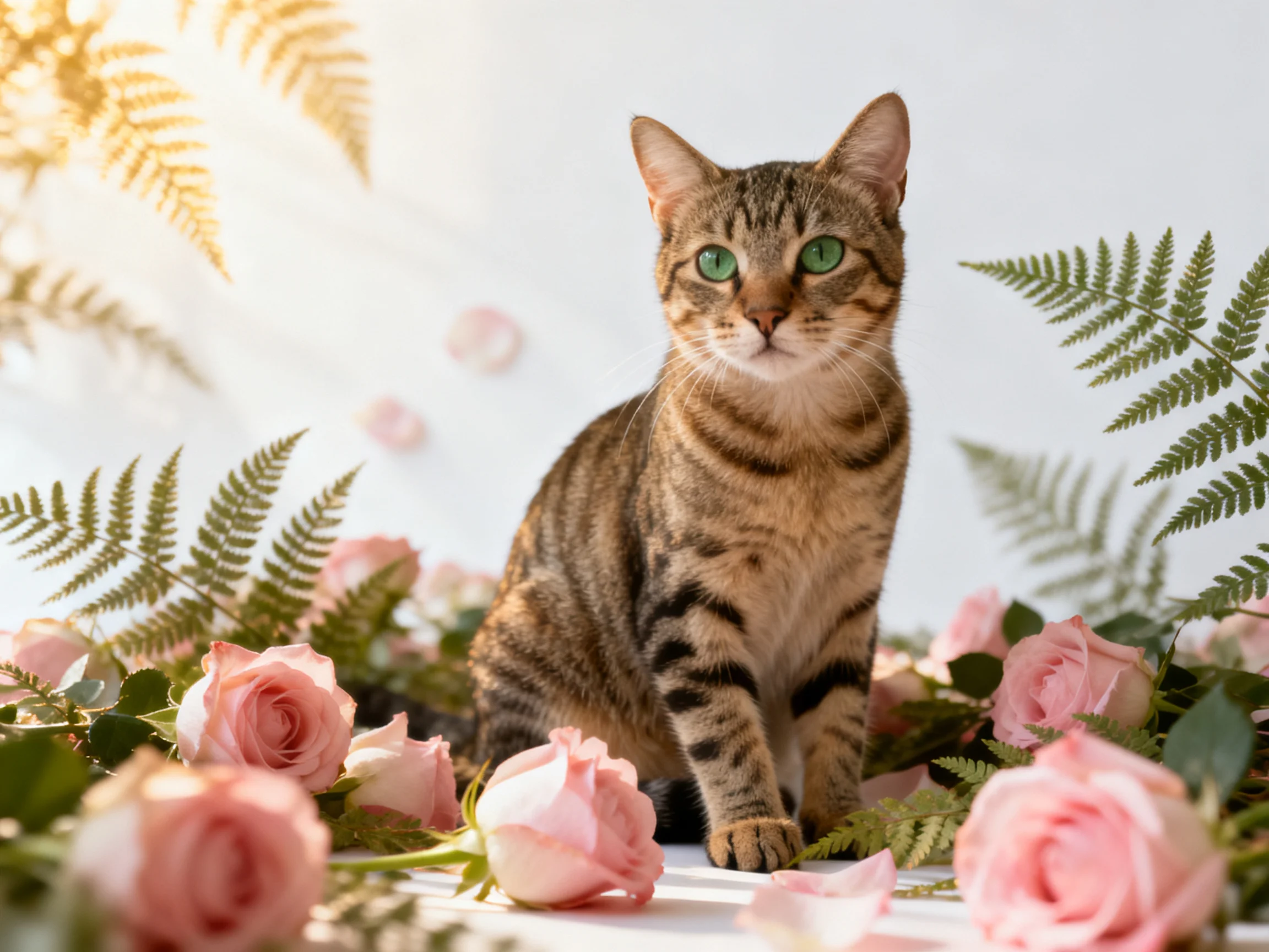 A tabby cat with green eyes surrounded by pink roses and ferns
