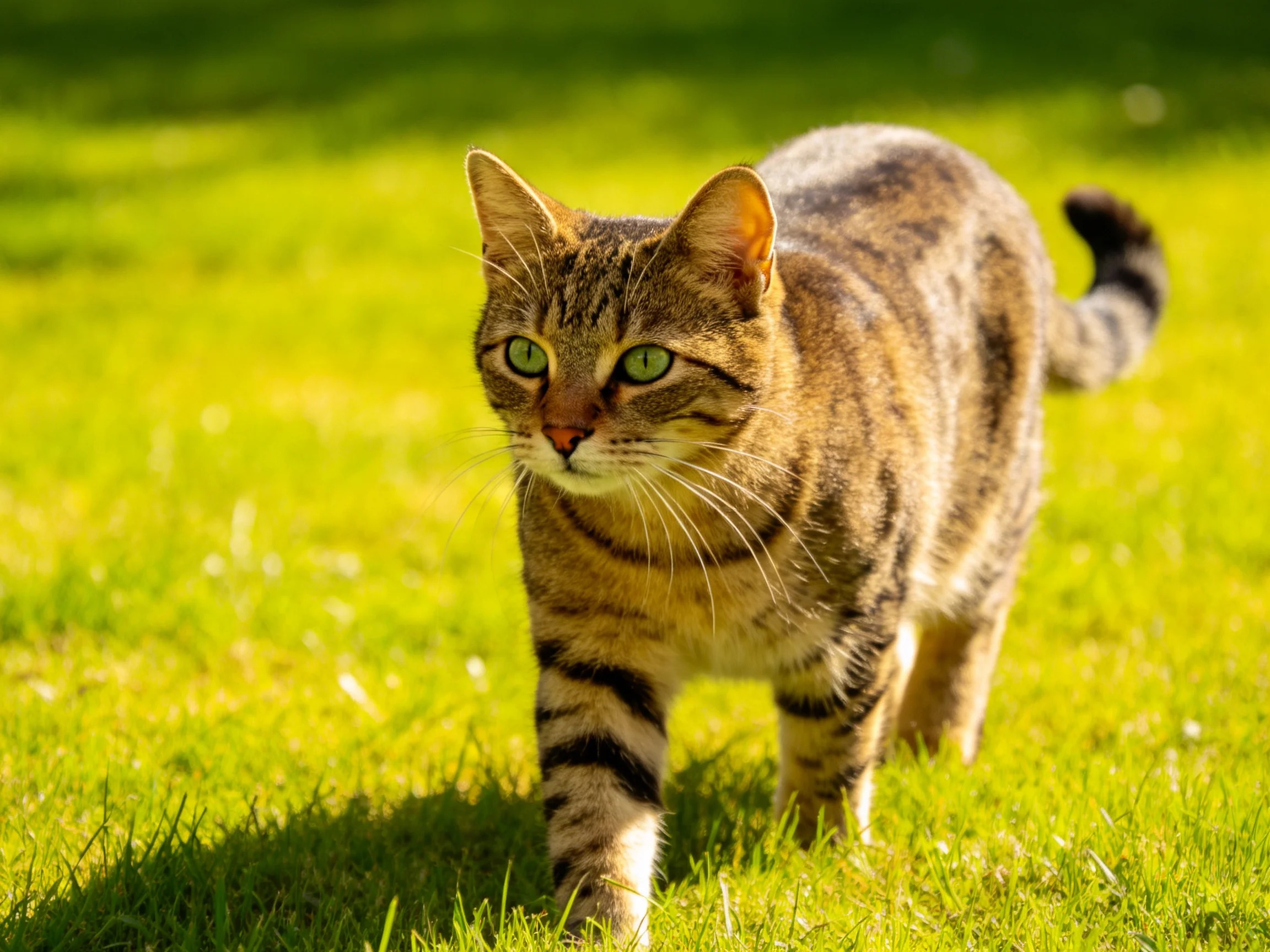 A tabby cat with green eyes walks through a sunlit grassy area.