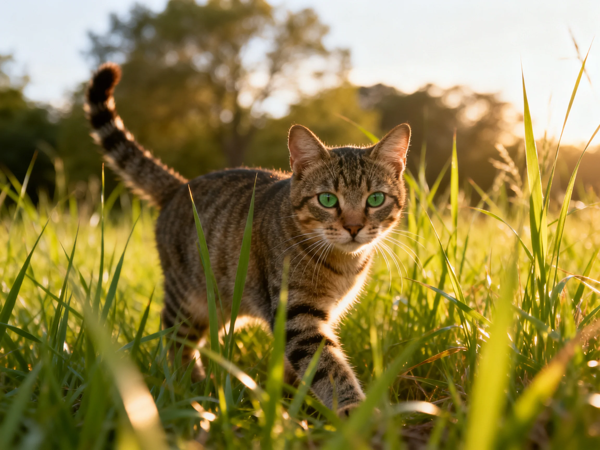 A tabby cat with green eyes walking through golden grass at sunset