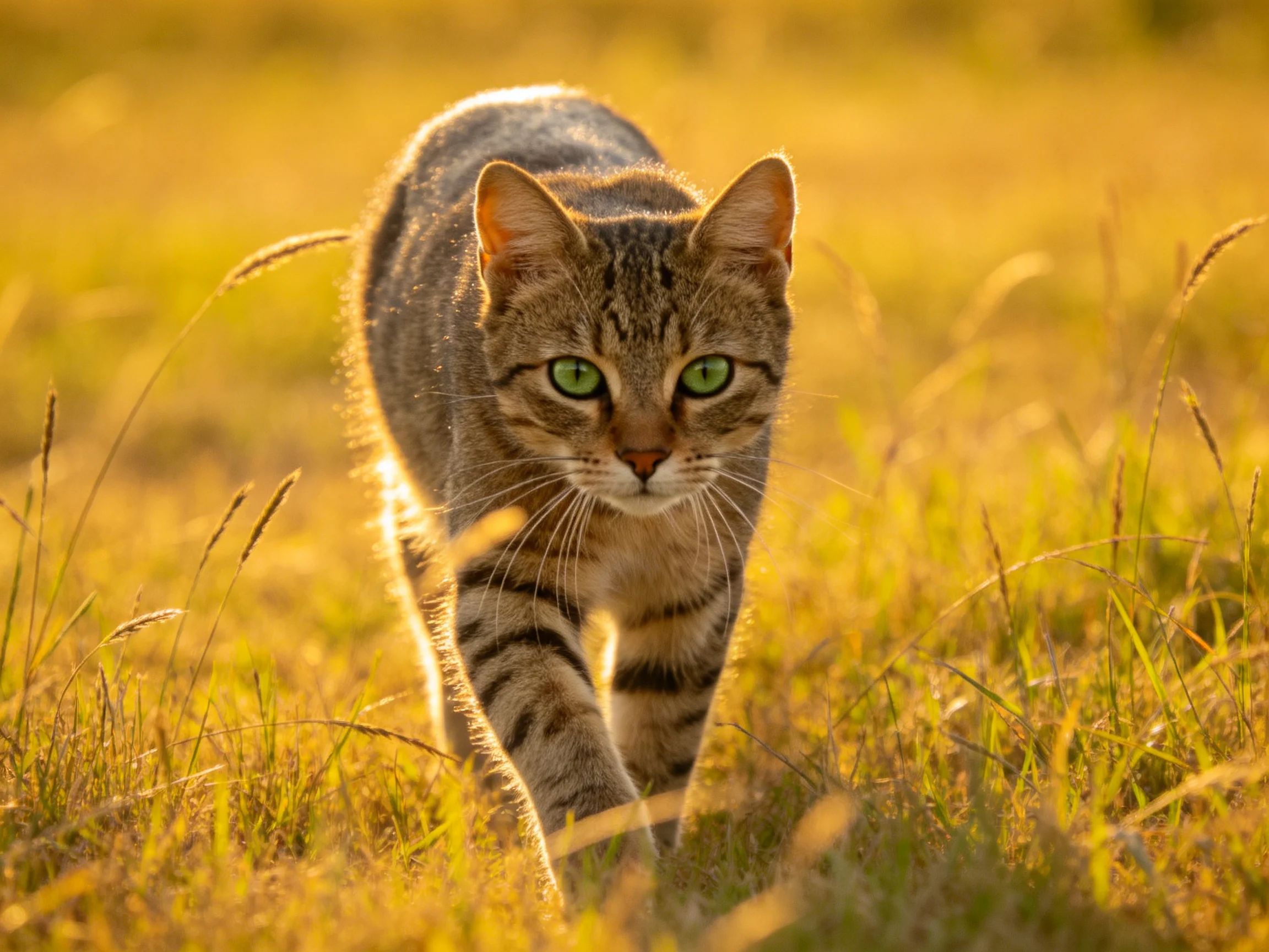A tabby cat with green eyes walks through tall goldengrass.